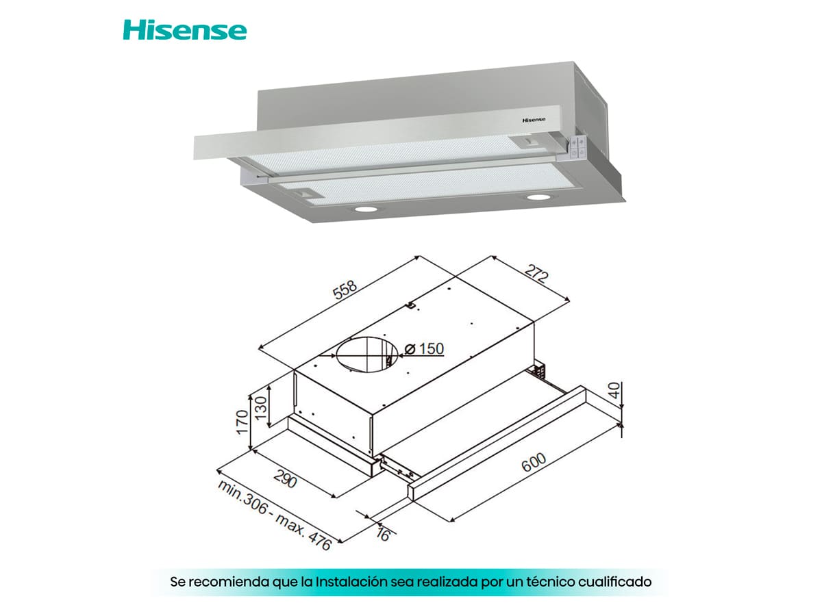 Hisense - CH6TL4BX – Campana, Decorativa, 450M³/H, Clase: C, Inox