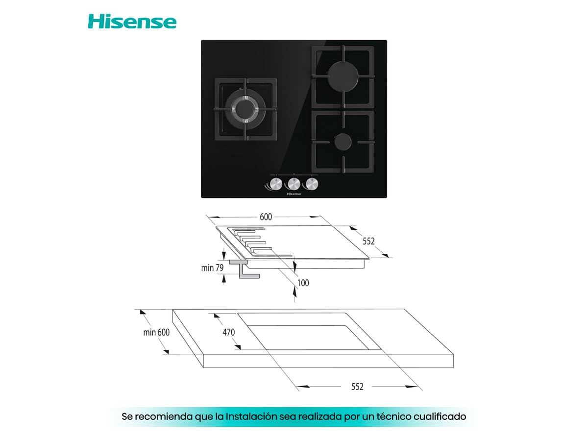 Hisense - GG633B – Placa, Gas, 3 Zonas, Cristal