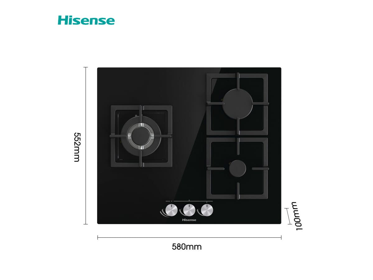 Hisense - GG633B – Placa, Gas, 3 Zonas, Cristal