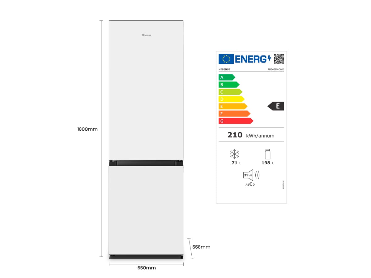 Hisense - RB343D4CWE – Frigorífico Combi 2 Puertas, Clase E , 269L, Blanco