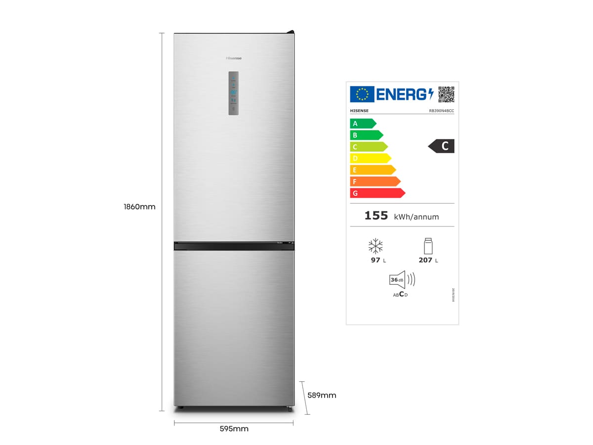 Hisense - RB390N4BCC – Frigorífico Combi 2 Puertas, Clase C , 304L, Inox