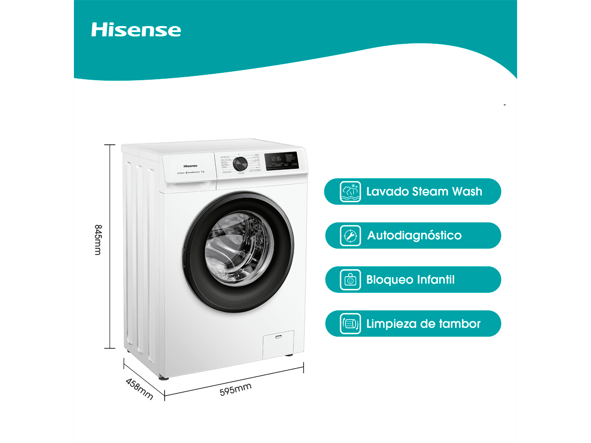 Hisense - WFVB7012EM – Lavadora, Clase D, 7 Kg , 1200 rpm, Blanco