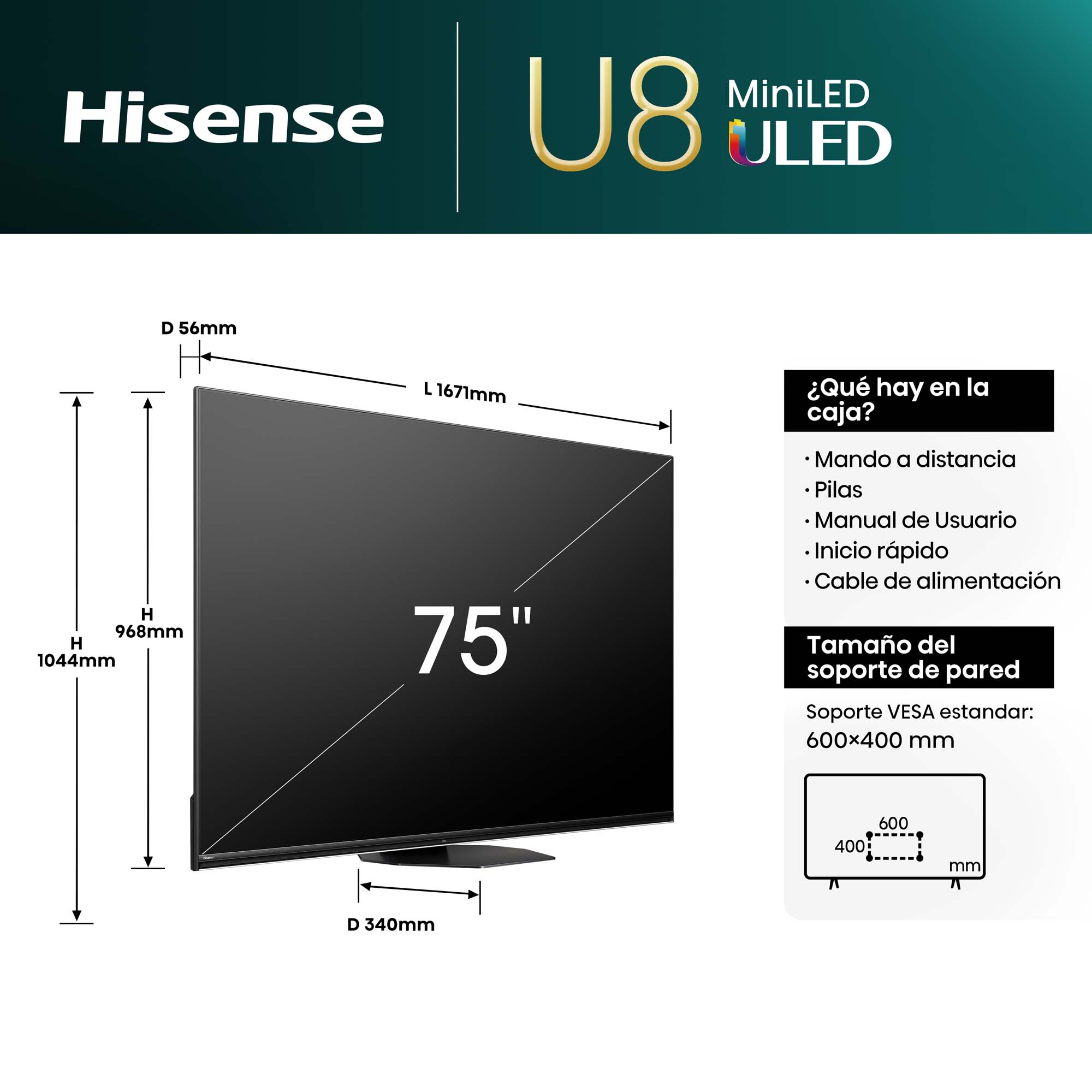 Hisense - Serie U8NQ Mini-LED TV 75U8NQ, 75 Pulgadas con Quantum Dot Colour