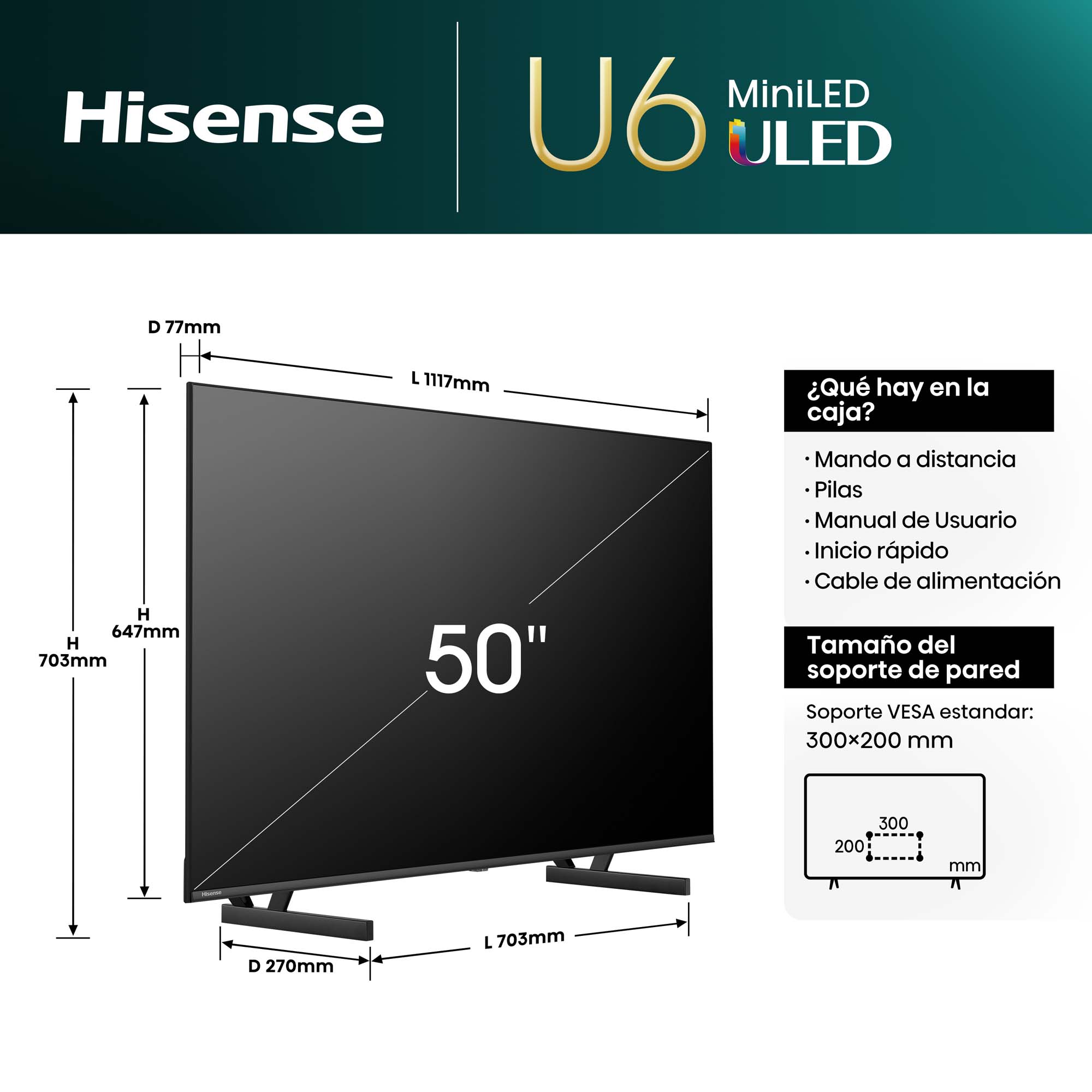 Hisense - Serie U6NQ Mini-LED TV 50U6NQ, 50 Pulgadas con Quantum Dot Colour