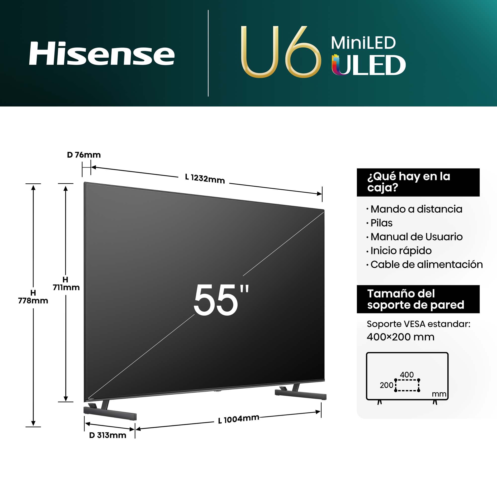 Hisense - Mini-LED TV 55U6NQ, 55 Pulgadas con Quantum Dot Colour