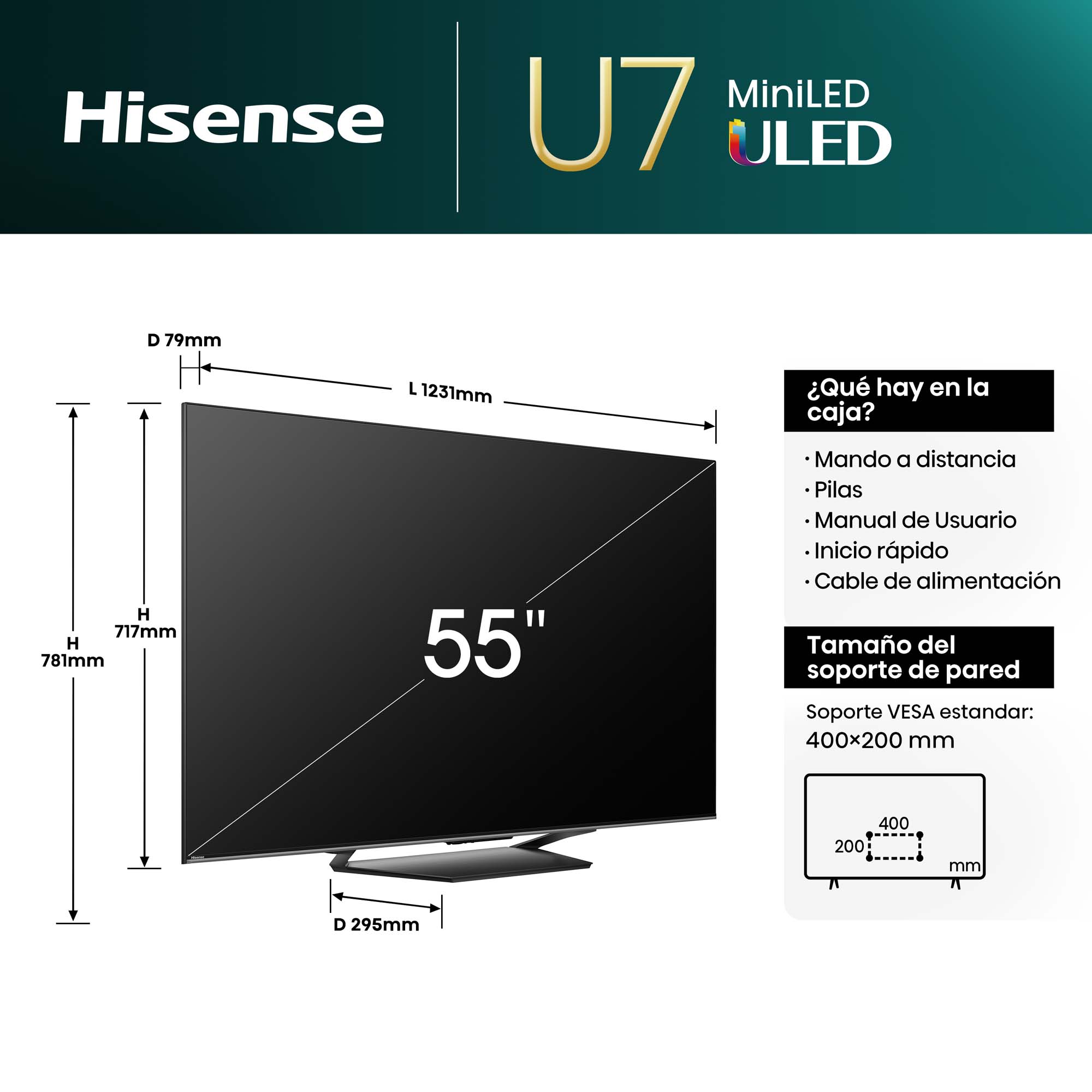 Hisense - Mini-LED TV 55U7NQ, 55 Pulgadas con Quantum Dot Colour