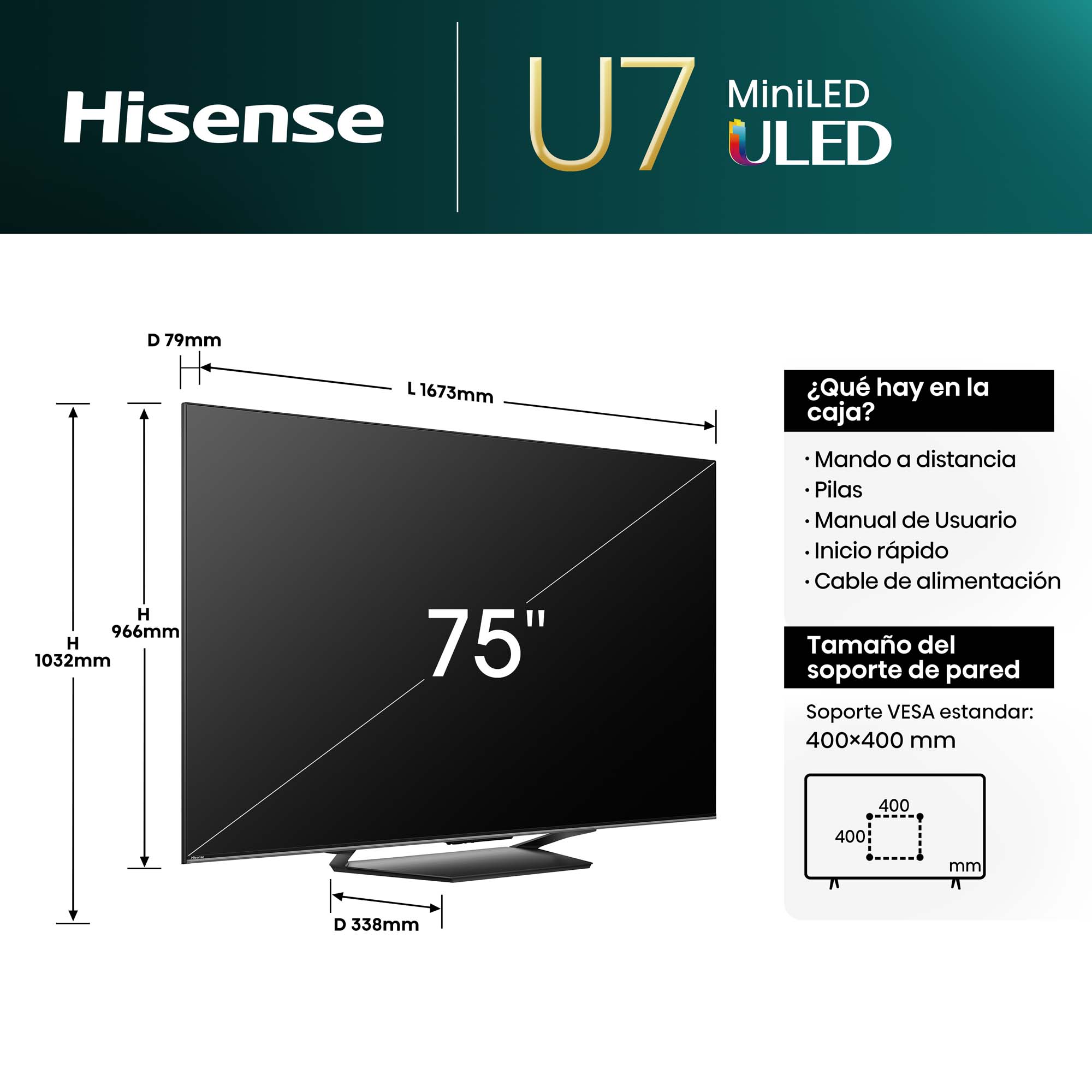 Hisense - Serie U7NQ Mini-LED TV 75U7NQ, 75 pulgadas con Quantum Dot Colour
