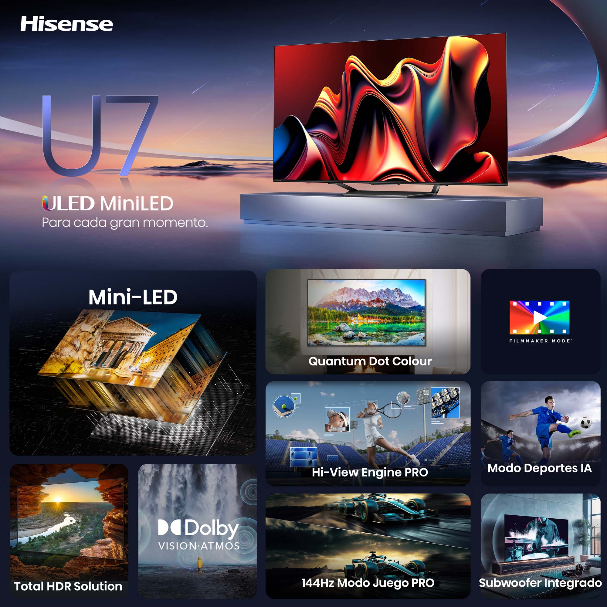 Hisense - Mini-LED TV 55U7NQ, 55 Pulgadas con Quantum Dot Colour