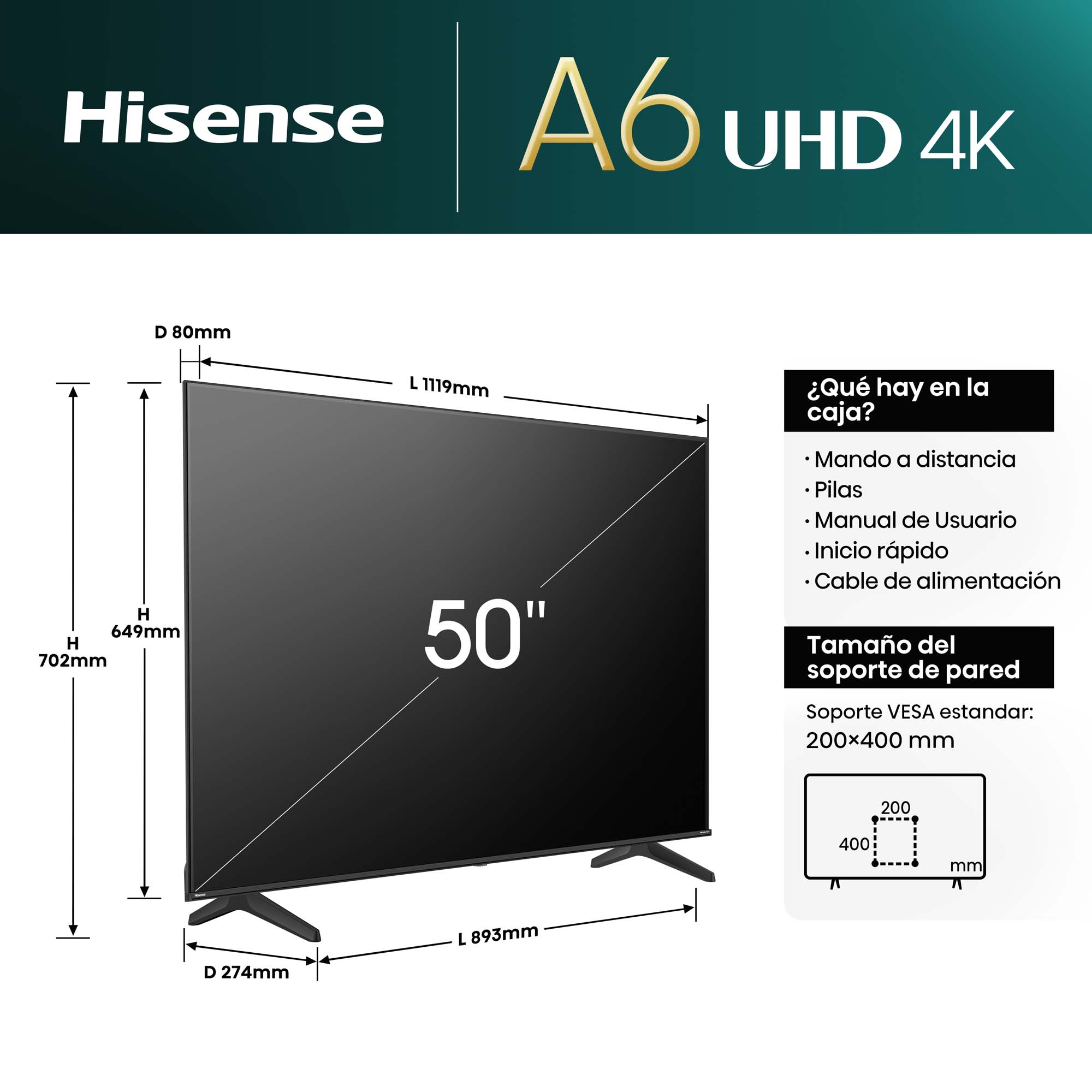 Hisense - 4K TV 50A6N, VIDAA Smart TV