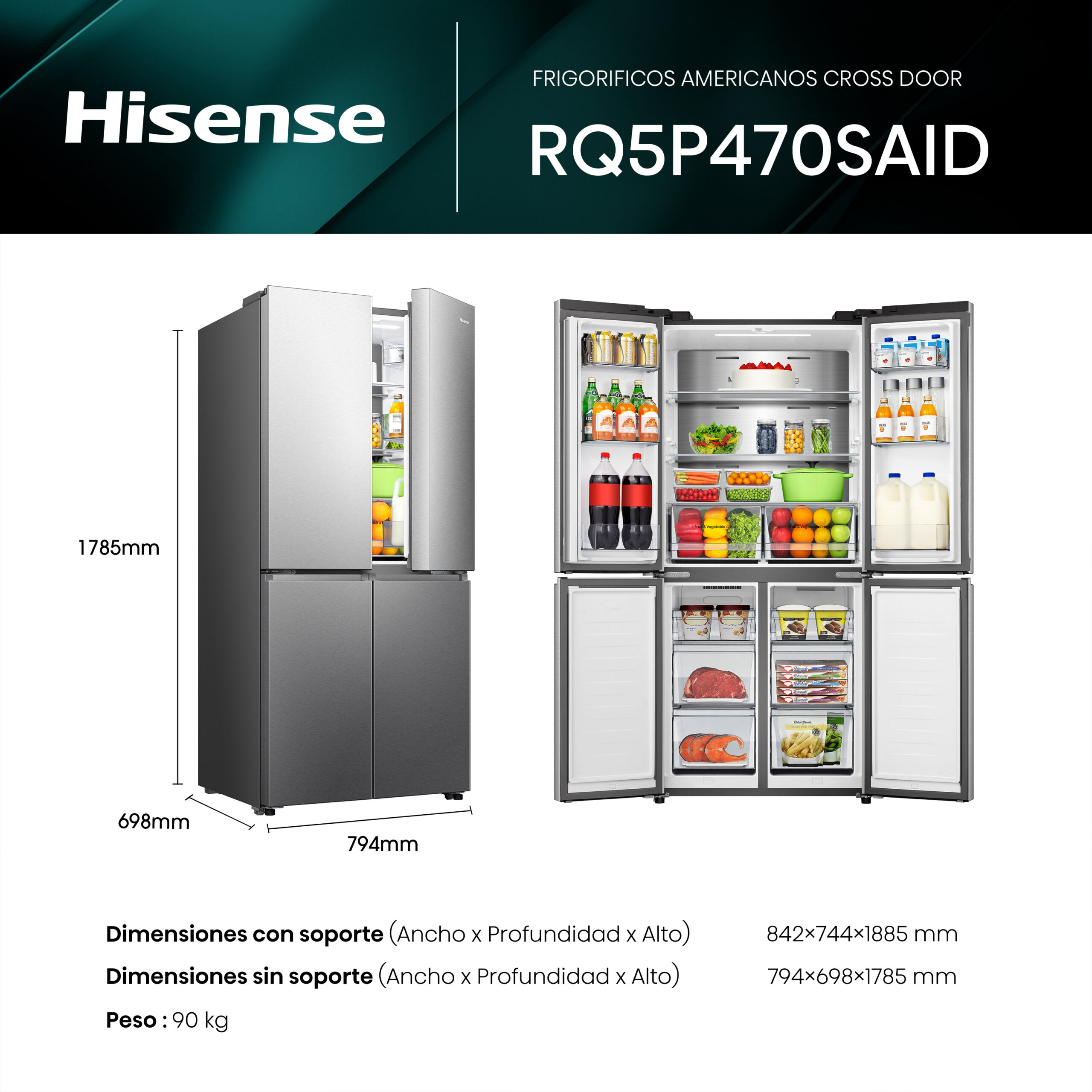 Hisense - RQ5P470SAID – Frigorífico Americano 4 Puertas, Clase D , 483L, Inox