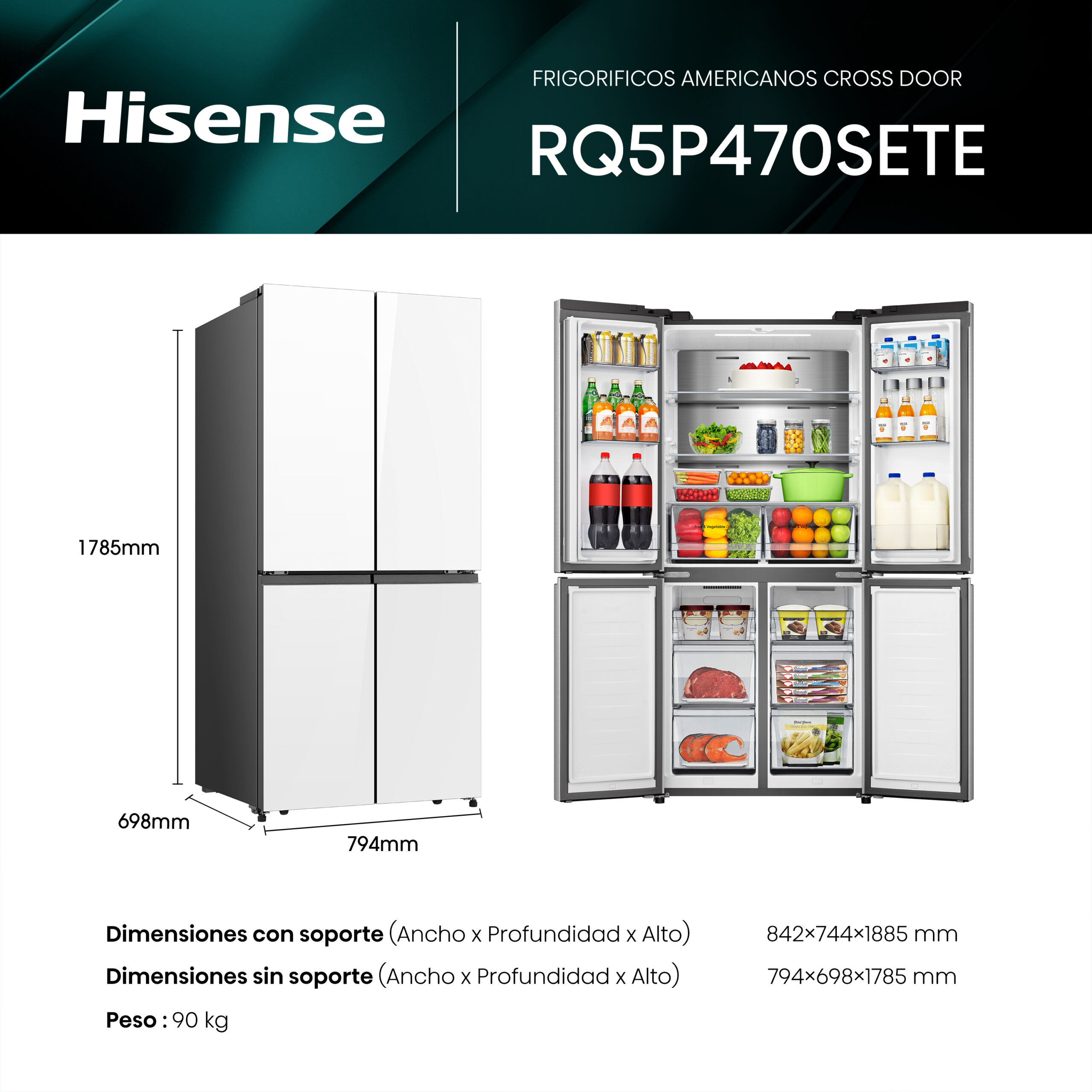 Hisense - RQ5P470SETE – Frigorífico Americano 4 Puertas, Clase E , 483L, Cristal Blanco