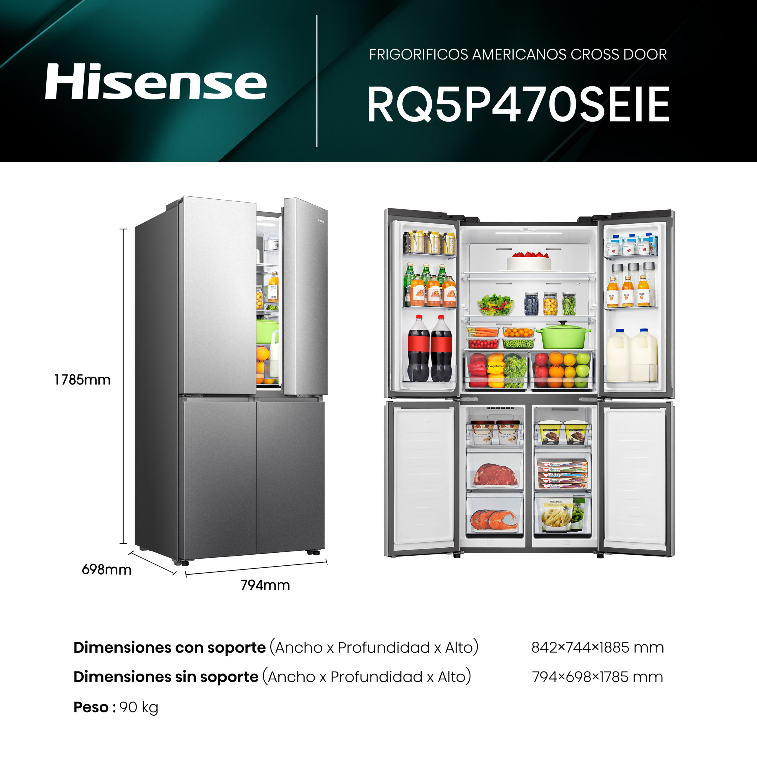 Hisense - RQ5P470SEIE – Frigorífico Americano 4 Puertas, Clase E , 483L, Inox