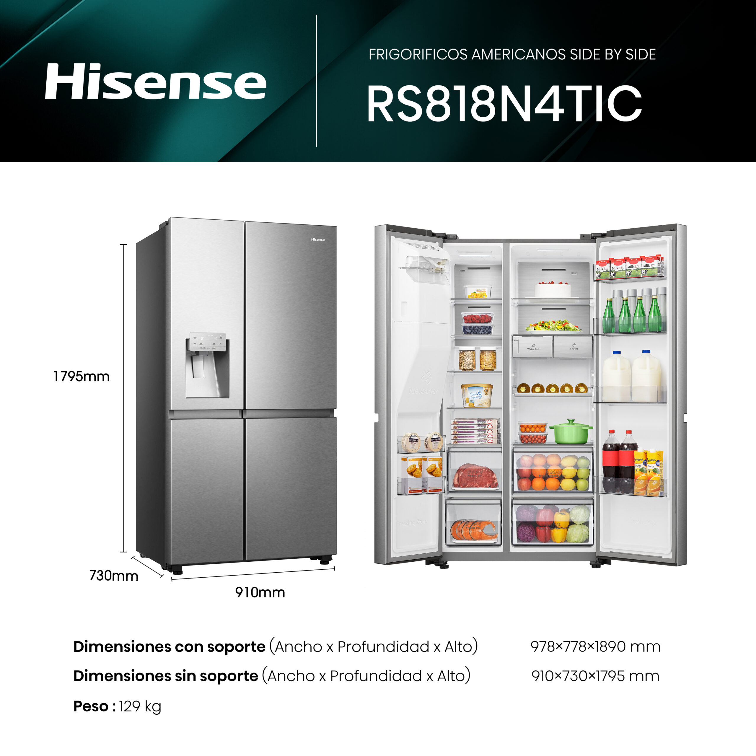 Hisense - RS818N4TIC – Frigorífico Americano Side By Side, Clase C , 632L, Inox