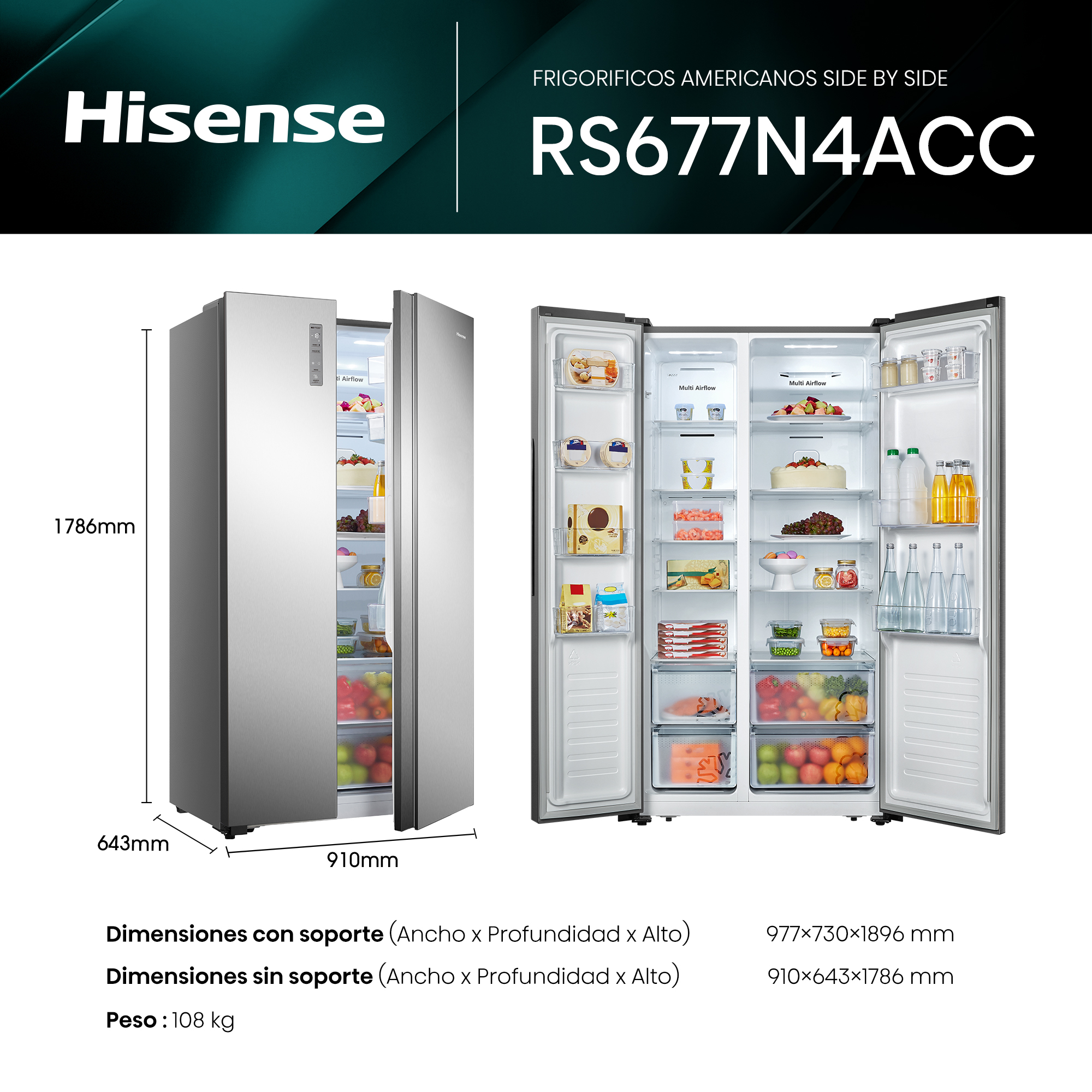 Hisense - RS677N4ACC – Frigorífico Americano Side By Side, Clase C , 519L, Inox