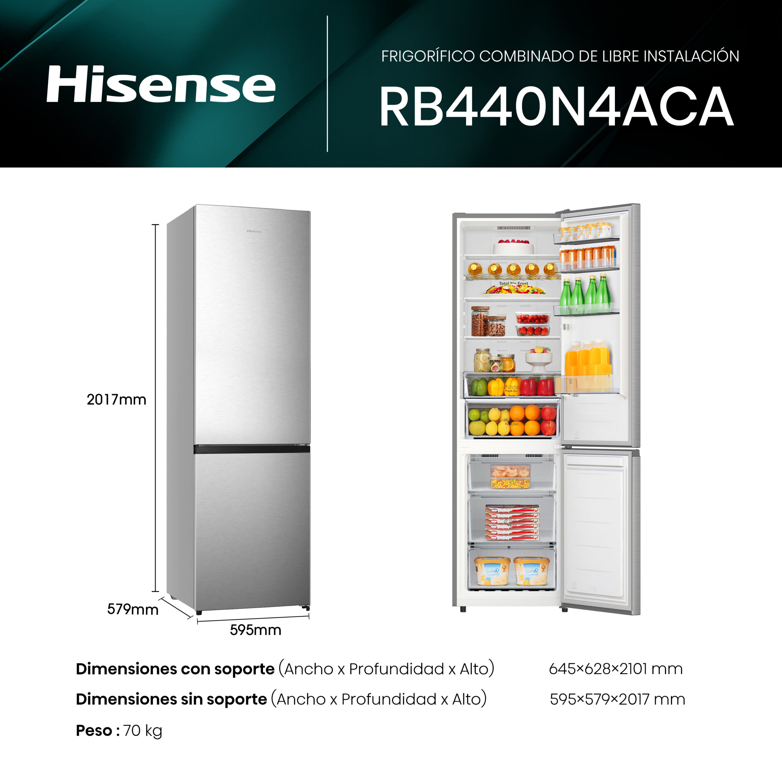 Hisense - RB440N4ACA – Frigorífico Combi 2 Puertas, Clase A , 336L, Inox