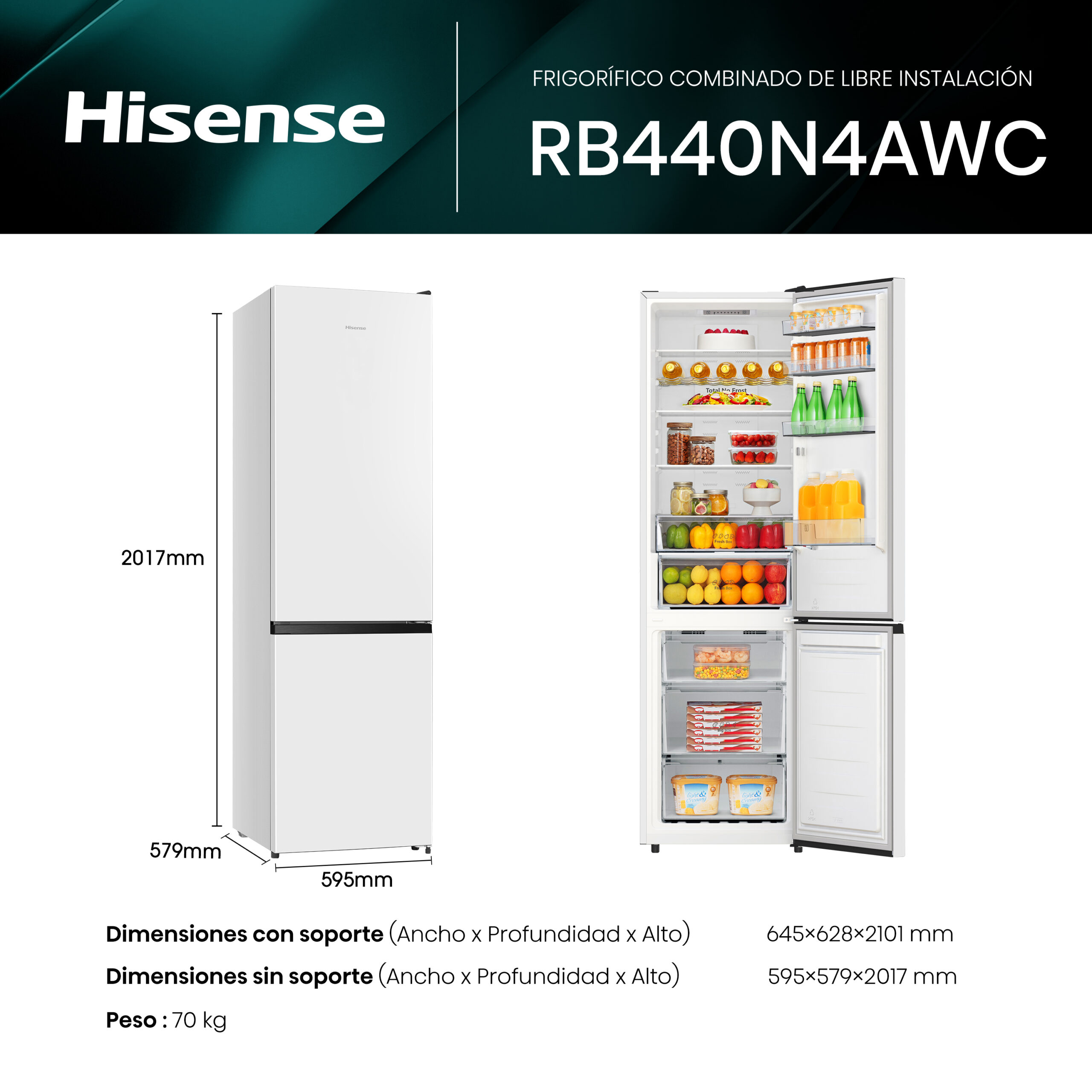 Hisense - RB440N4AWC – Frigorífico Combi 2 Puertas, Clase C , 336L, Blanco