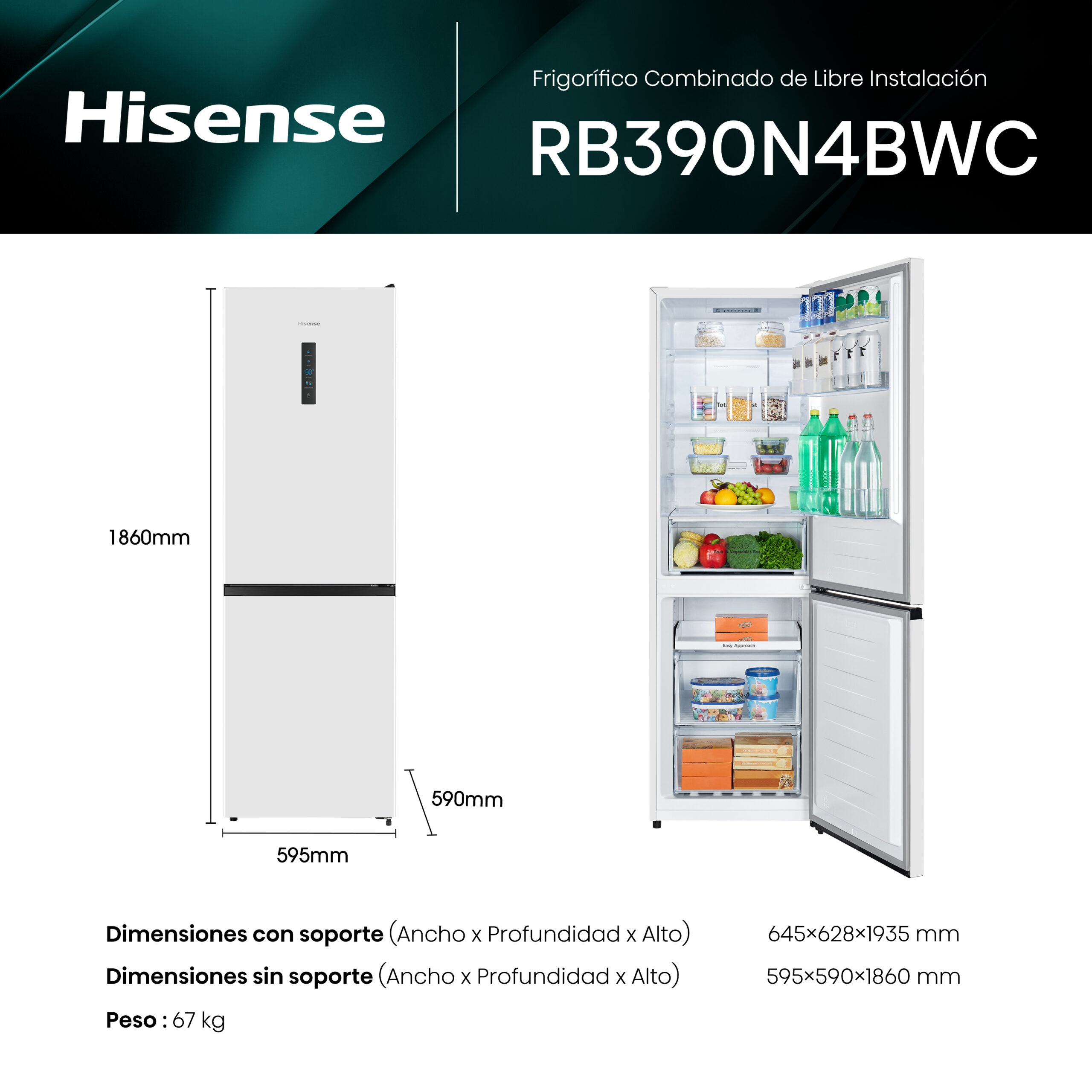 Hisense - RB390N4BWC – Frigorífico Combi 2 Puertas, Clase C, 304L, Blanco