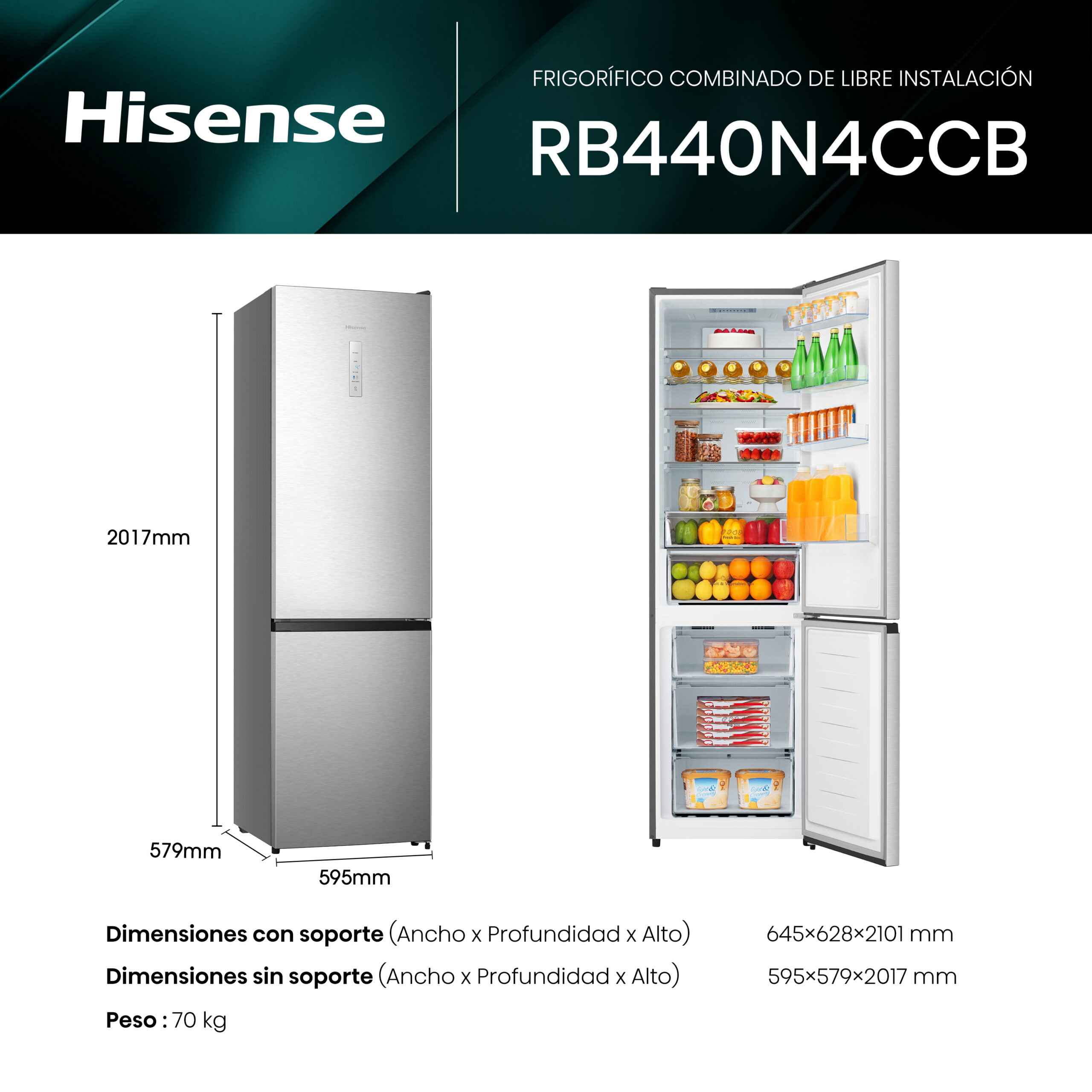 Hisense - RB440N4CCB – Frigorífico Combi 2 Puertas, Clase B , 336L, Inox