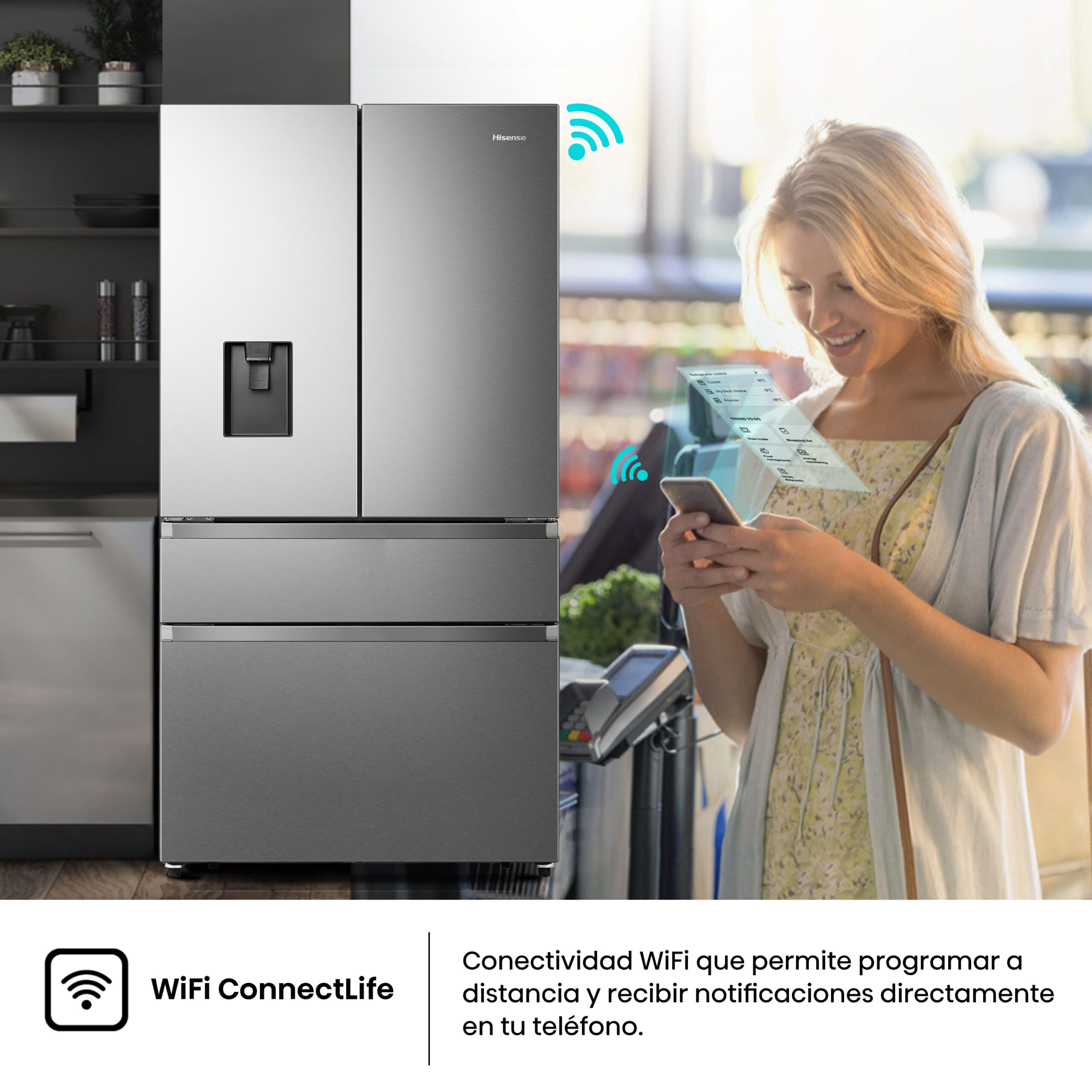 Hisense - RF749N4SWSE – Frigorífico Americano Cajón Frances, Clase E, 579L, Inox