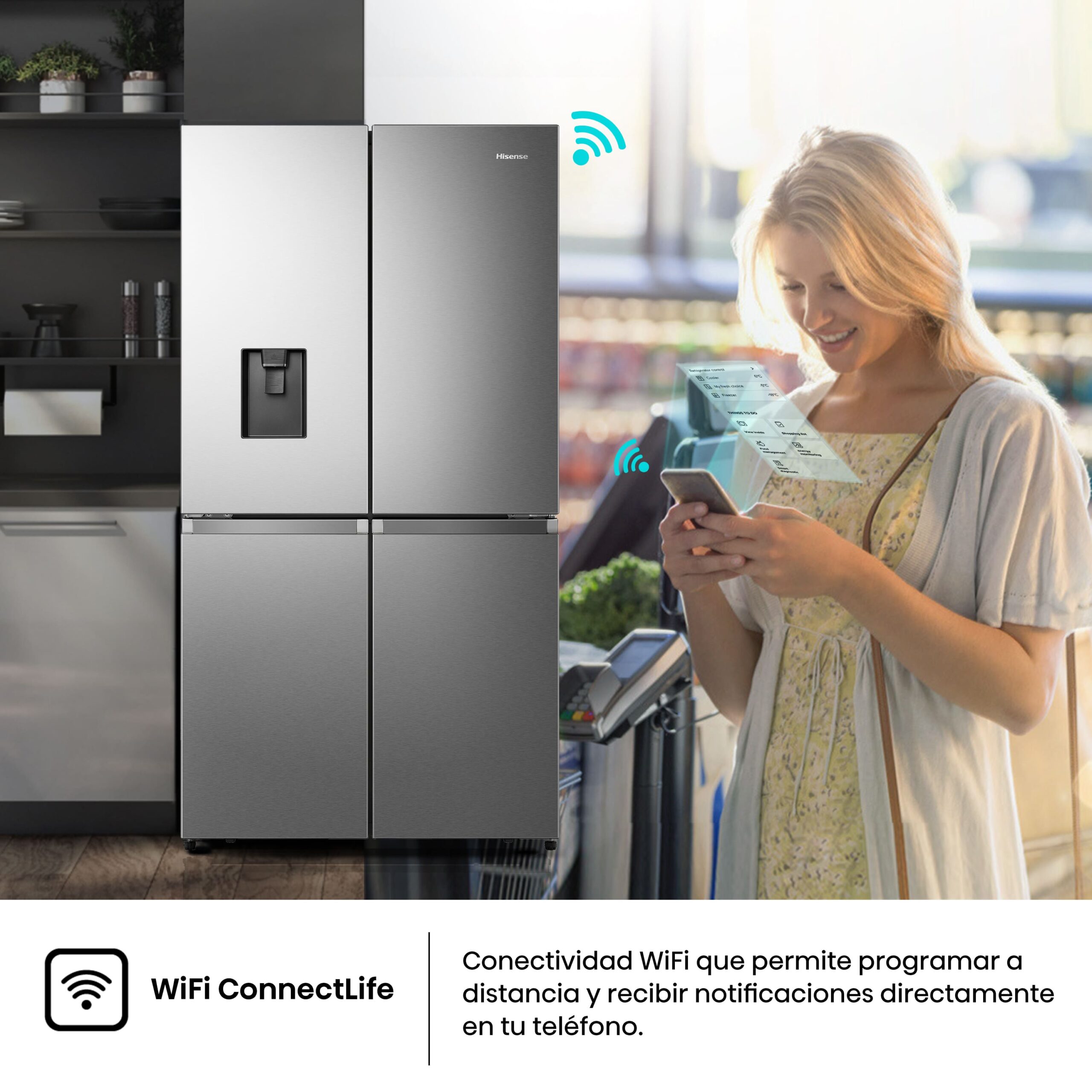 Hisense - RQ758N4SWSE – Frigorífico Americano 4 Puertas, Clase E, 606L, Inox