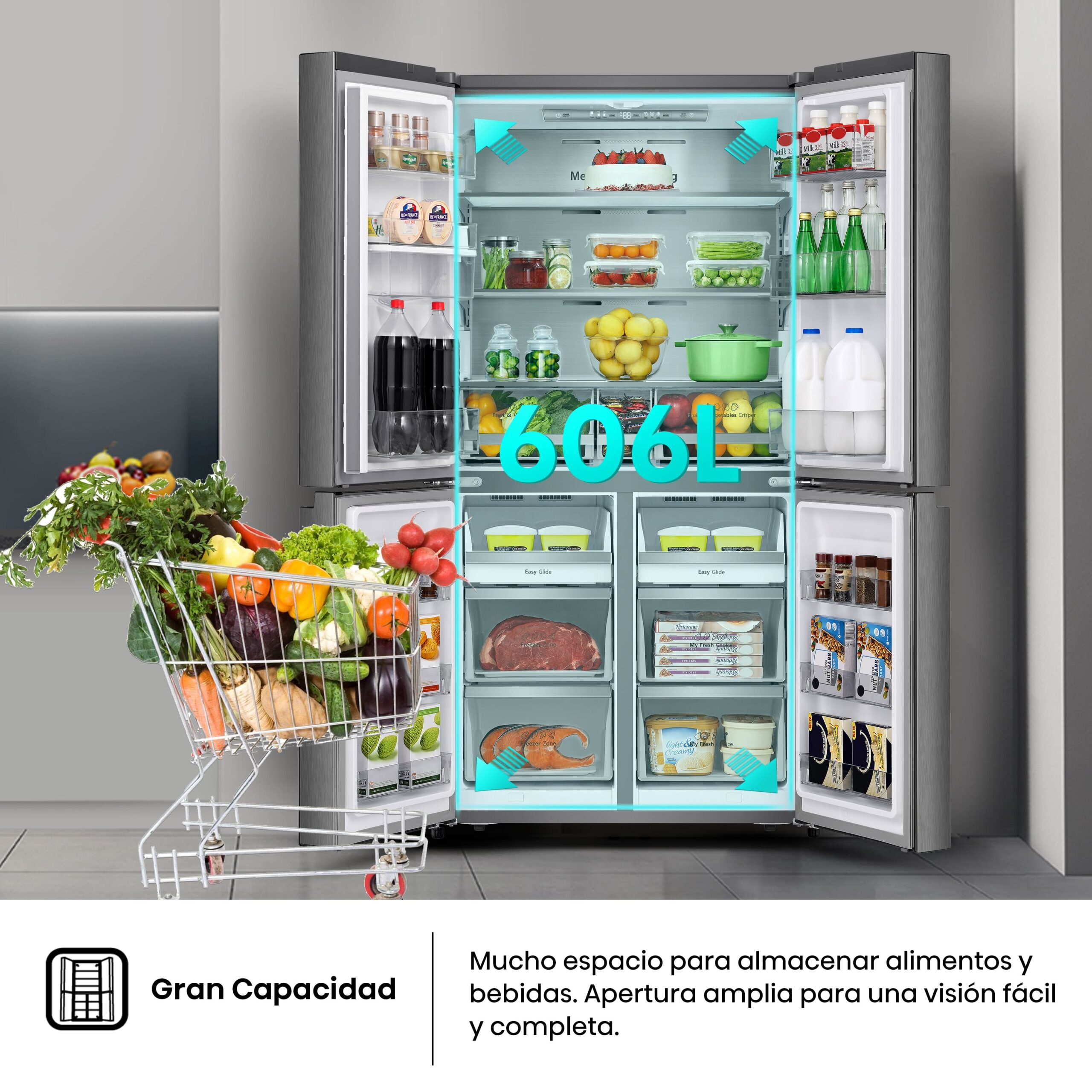 Hisense - RQ758N4SWSE – Frigorífico Americano 4 Puertas, Clase E, 606L, Inox