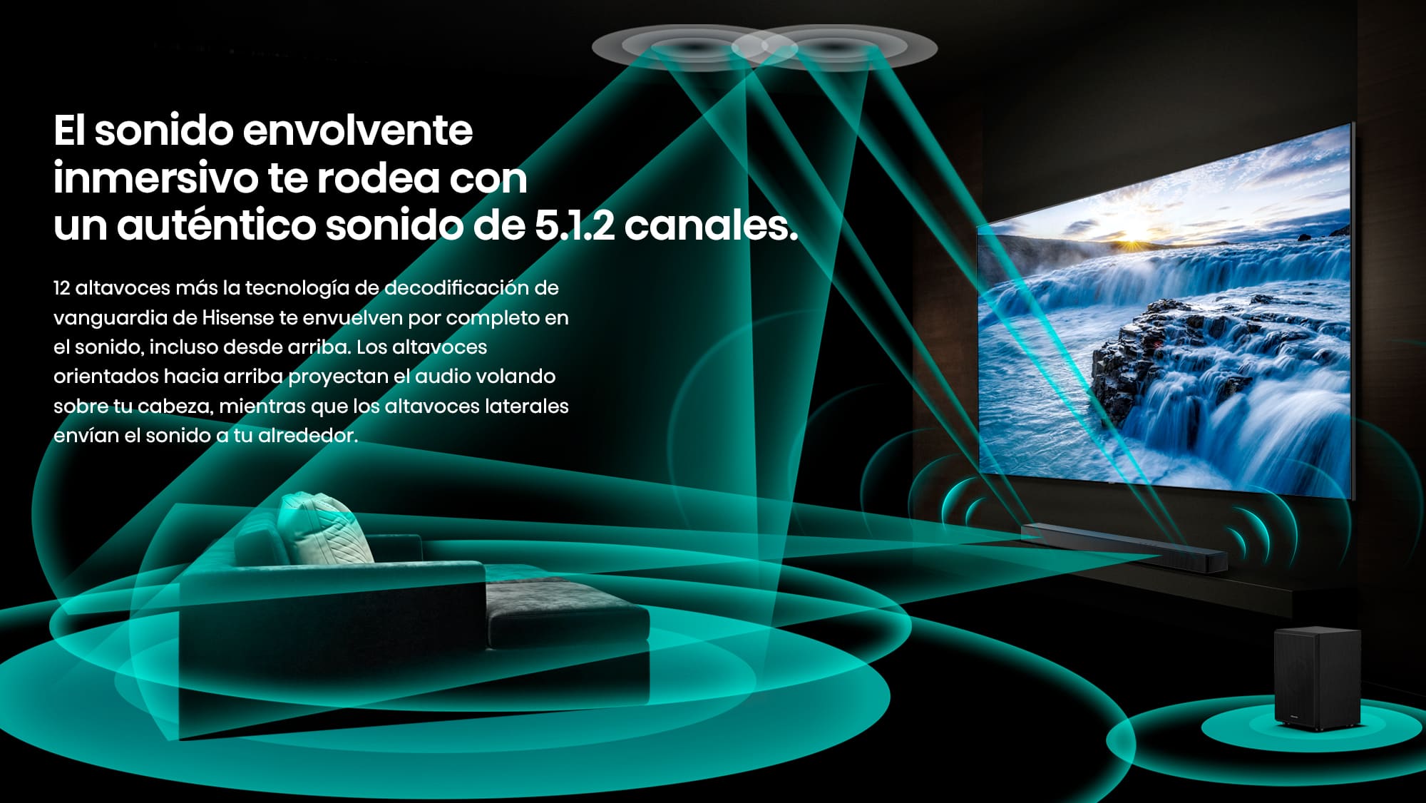 El sonido envolvente inmersivo te rodea con un auténtico sonido de 5.1.2 canales