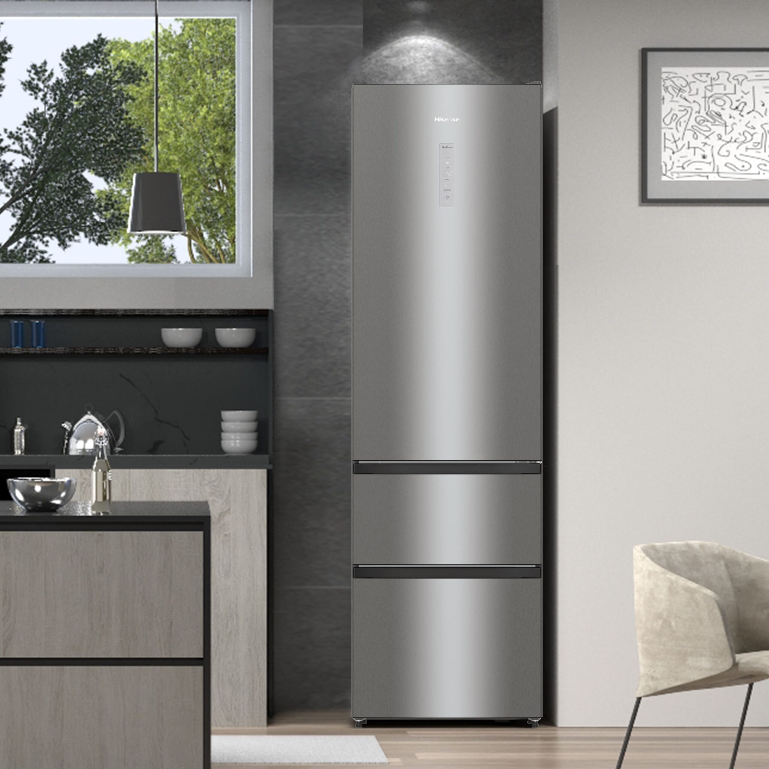 Hisense - RM469N4ACD – Frigorífico Combi 3 Puertas, Clase D , 368L, Inox
