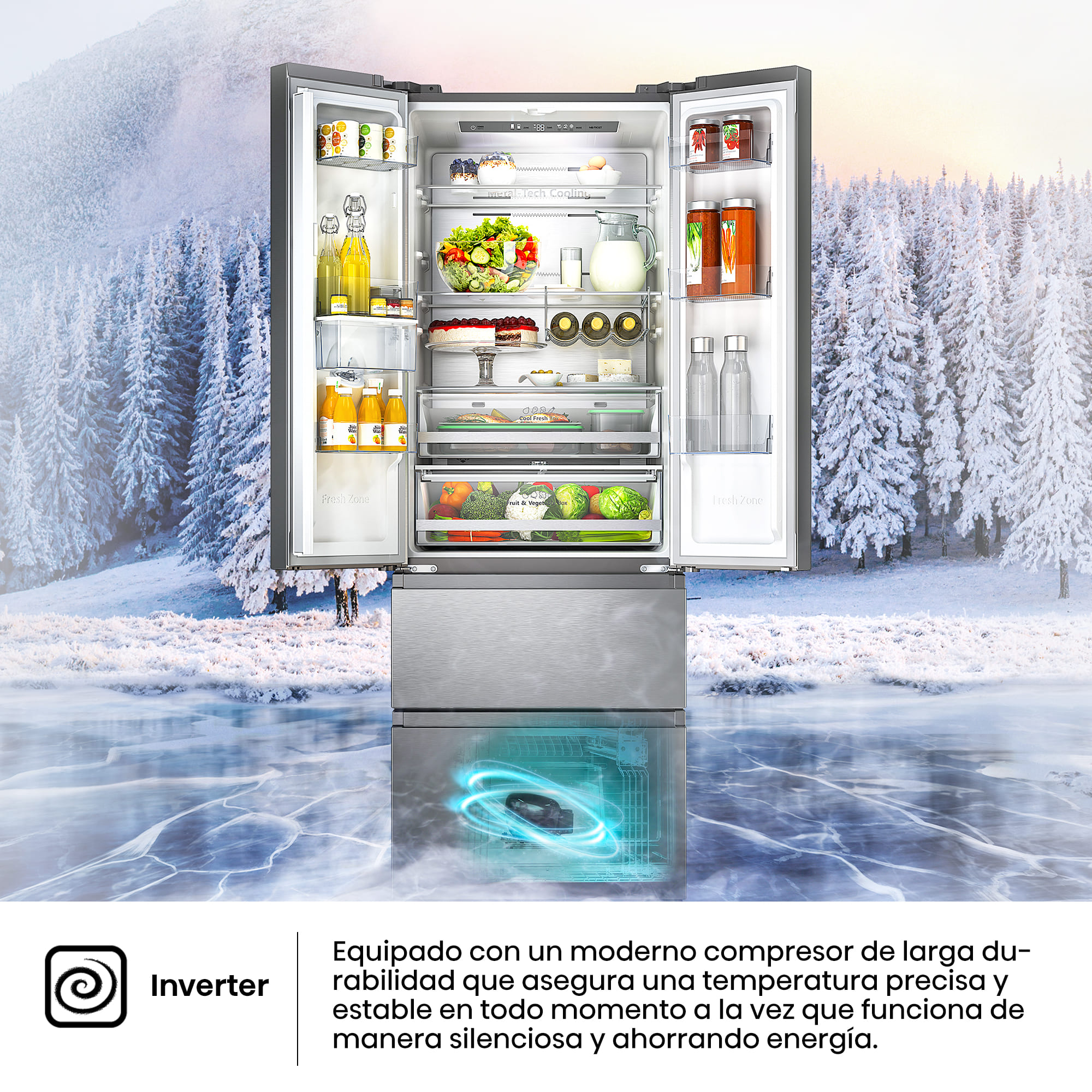Hisense - RF632N4WIE – Frigorífico Combi Cajón Frances, Clase E , 485L, Inox