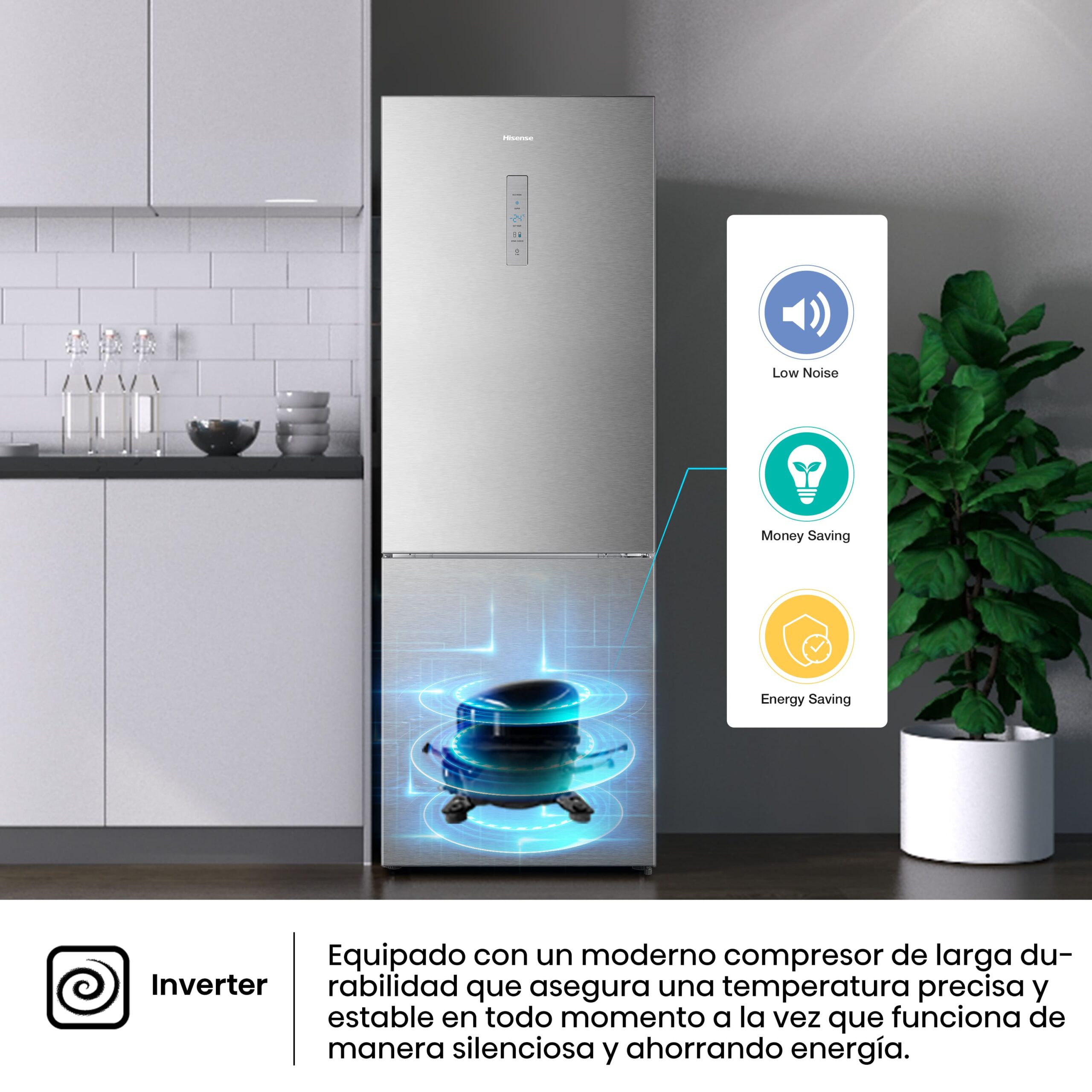 Hisense - RB645N4BID – Frigorífico Combi 2 Puertas, Clase D , 495L, Inox