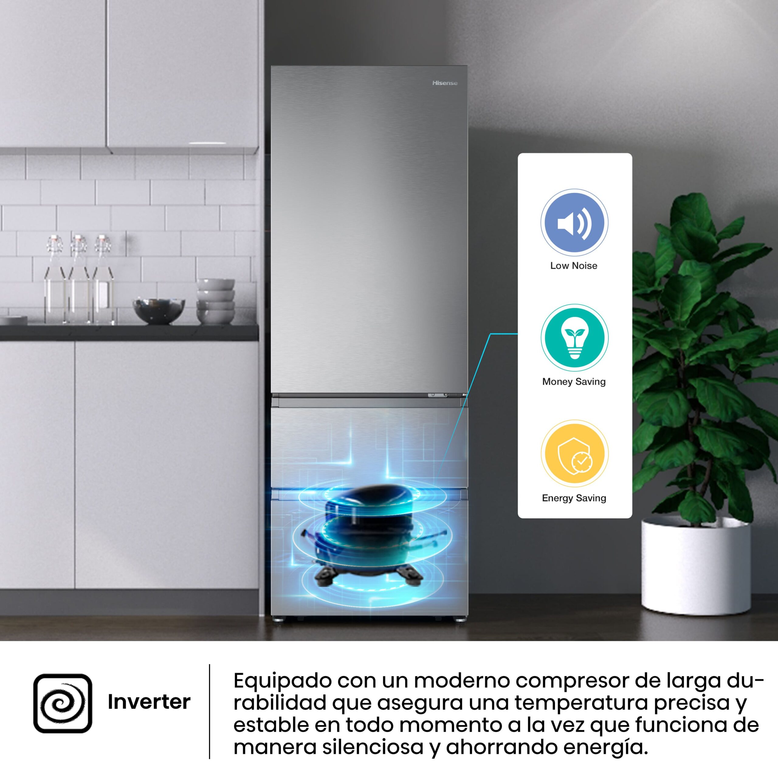 Hisense - RT641N4AIE – Frigorífico Combi 3 Puertas, Clase E , 493L, Inox