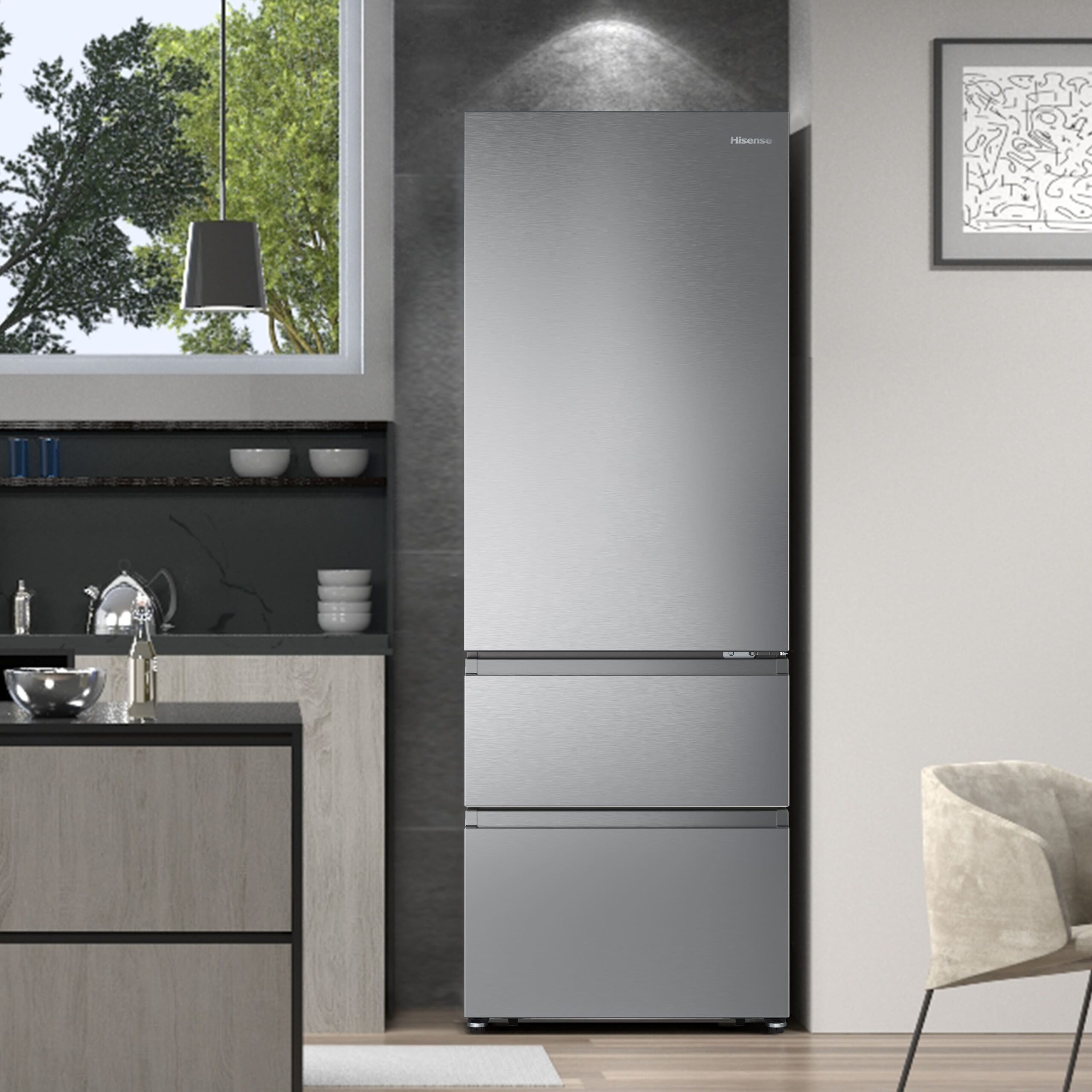 Hisense - RT641N4AIE – Frigorífico Combi 3 Puertas, Clase E , 493L, Inox