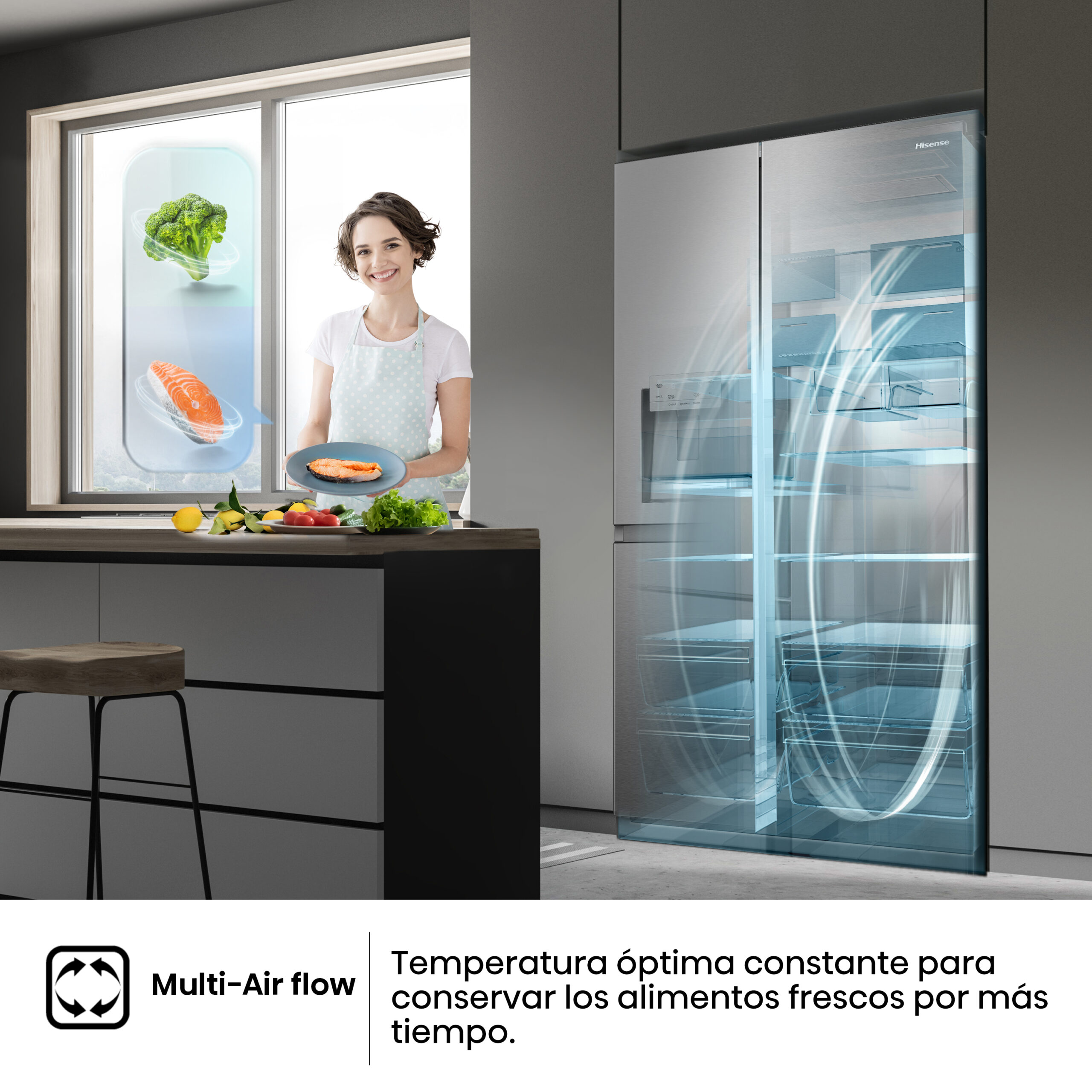 Hisense - RS818N4TIE1 – Frigorífico Americano Side By Side, Clase E , 632L, Inox