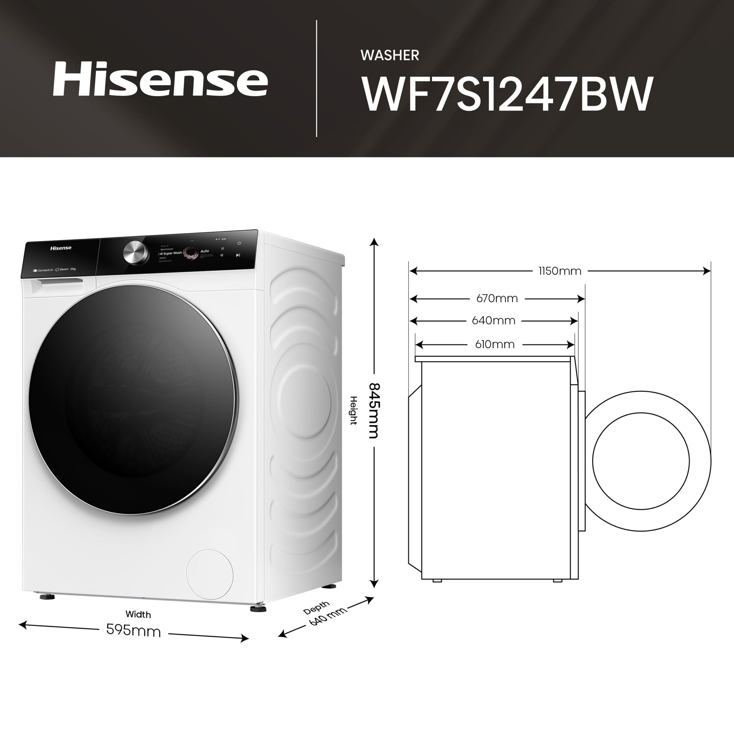 Hisense - WF7S1247BW – Lavadora inteligente, Clase A, 12 Kg, 1400 rpm, Blanco