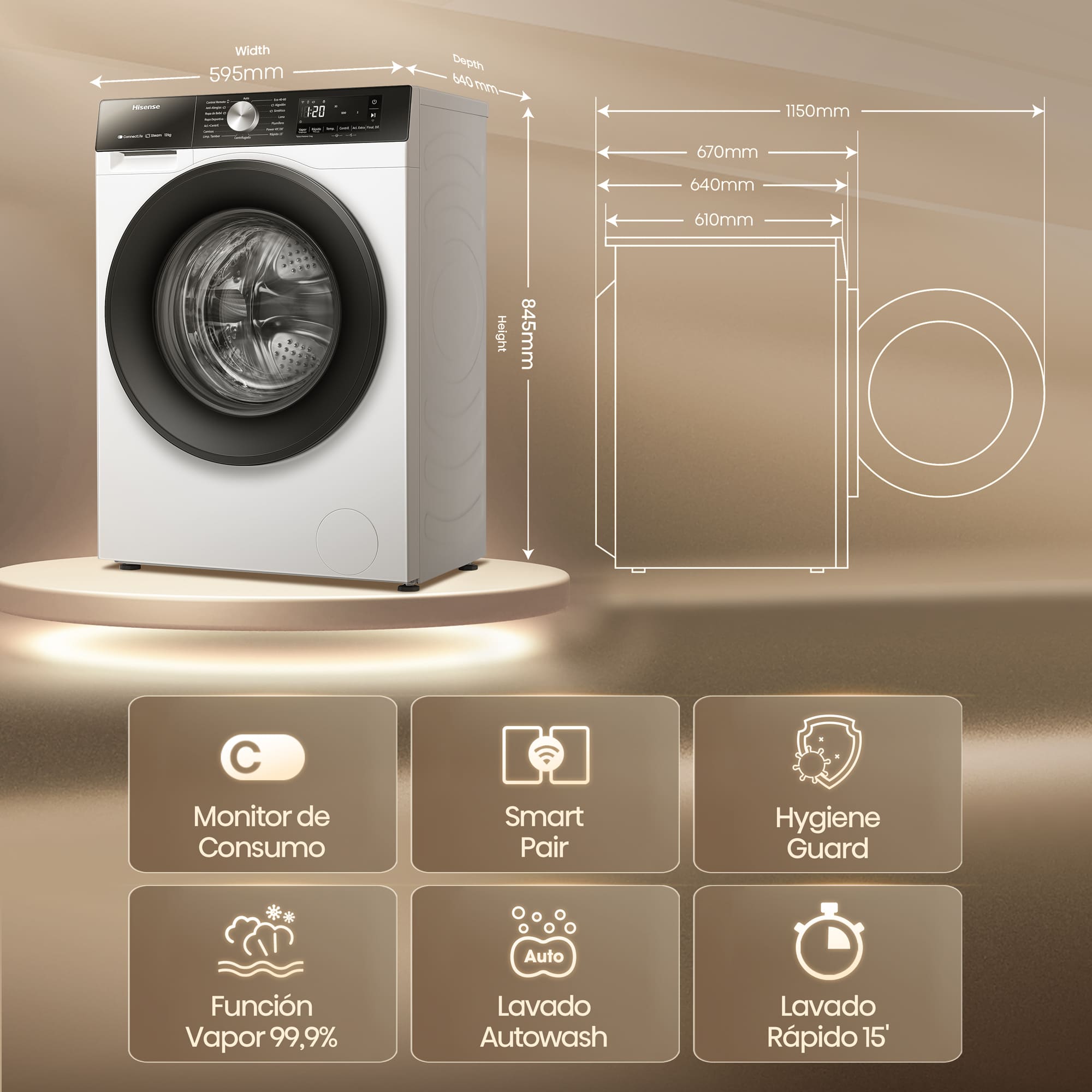 Hisense - WF3S1243BW3 – Lavadora, Clase A, 12 Kg , 1400 rpm, Blanco