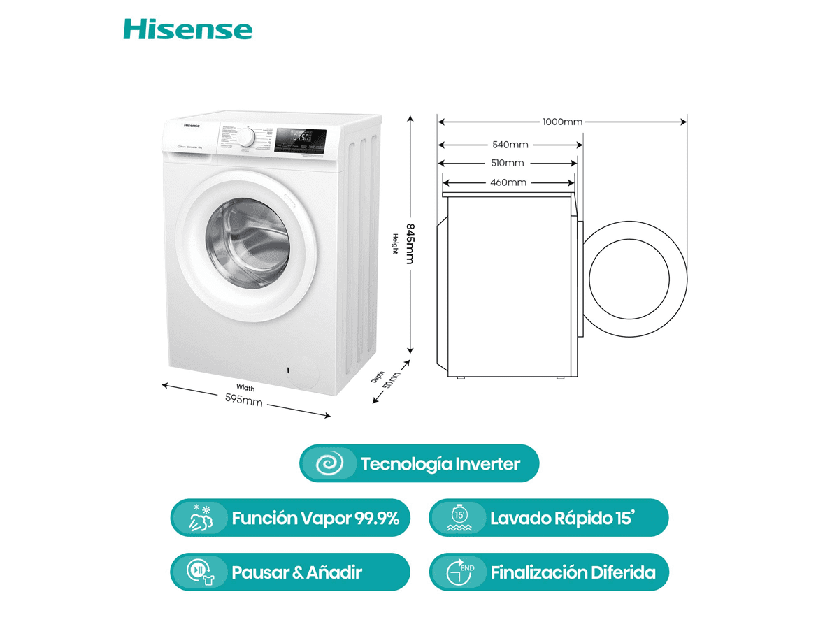 Hisense - WFQP801419VM – Lavadora, Clase A, 8 Kg , 1400 rpm, Blanco