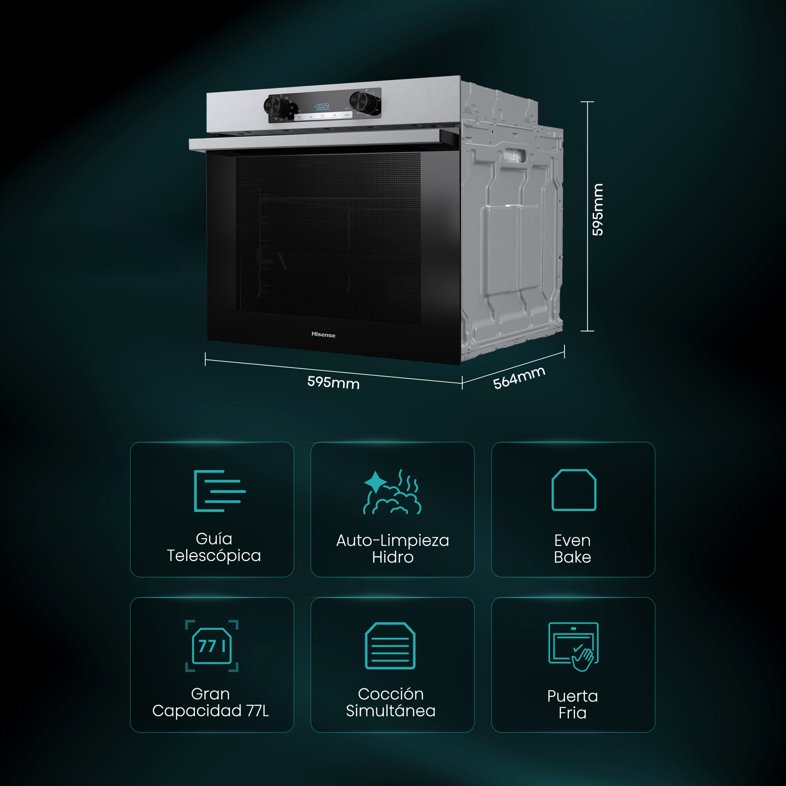 Hisense - BI62216AXE2 – Horno Hidrolitico, Clase A , Capacidad 77L, Color Inox