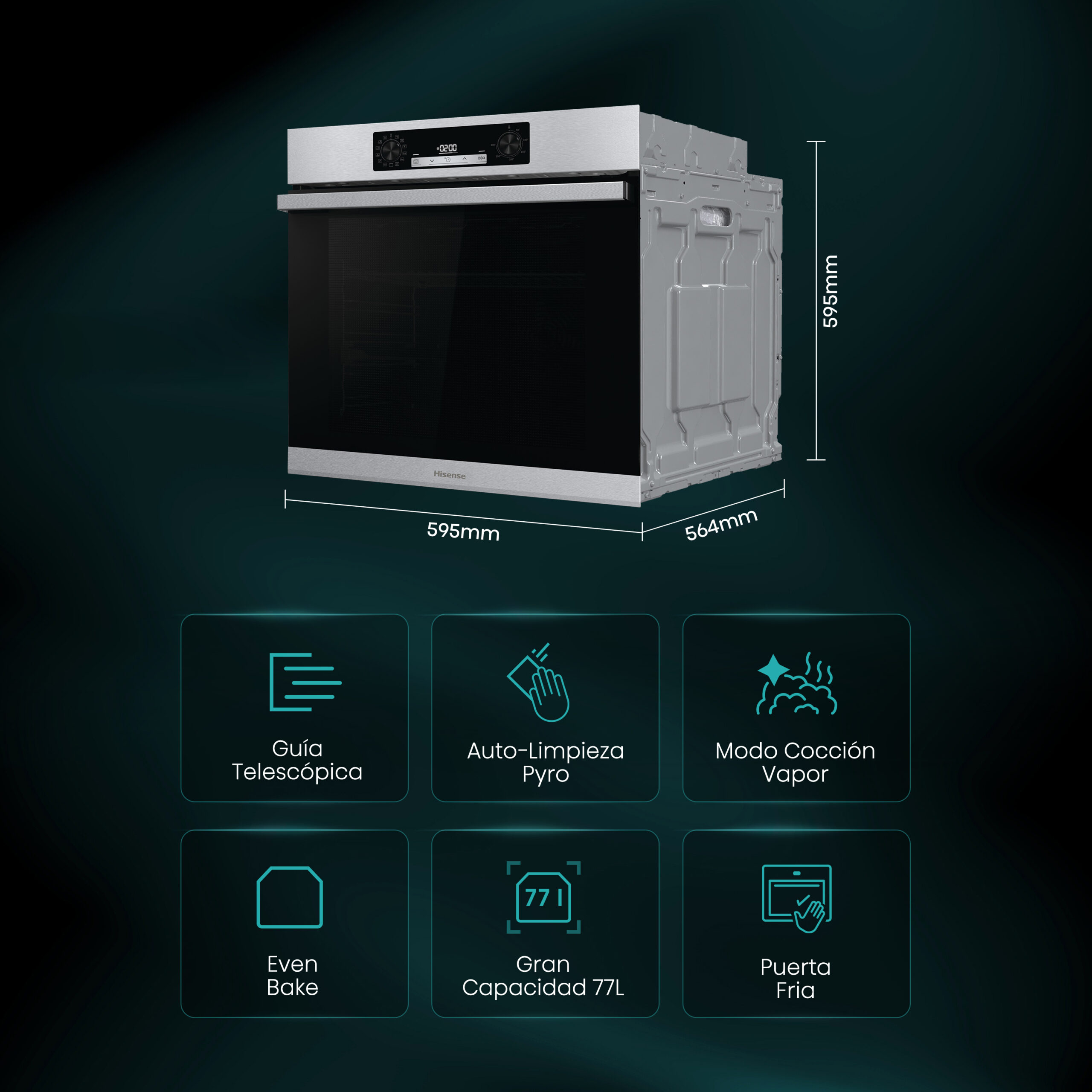 Hisense - BSA65226PX – Horno Pirolítico, Cocción Vapor Añadido, Clase A+, 77L, Inox