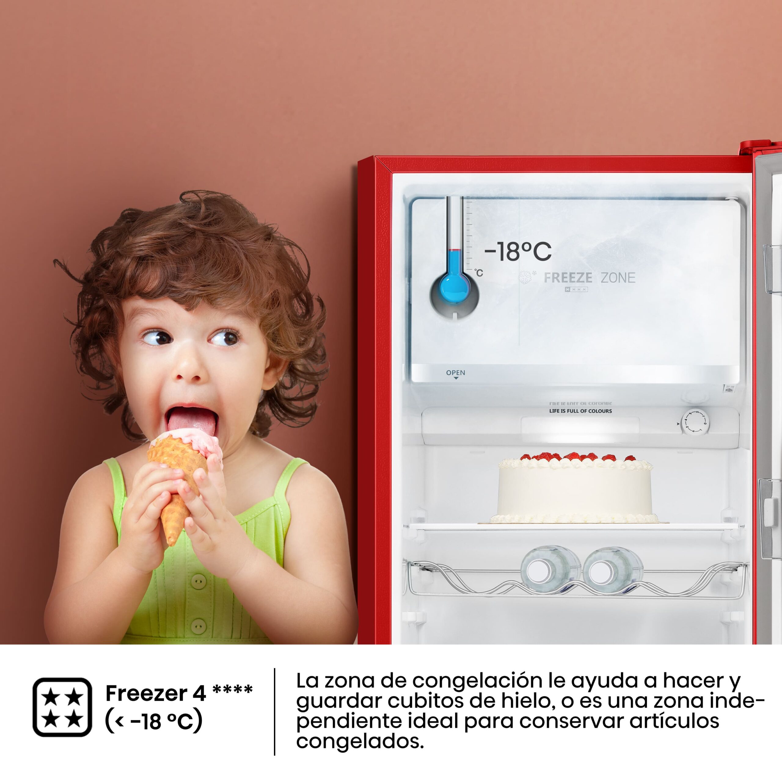 Hisense - RR220D4BRE – Frigorífico 1 Puerta, Clase E, 165L, Rojo