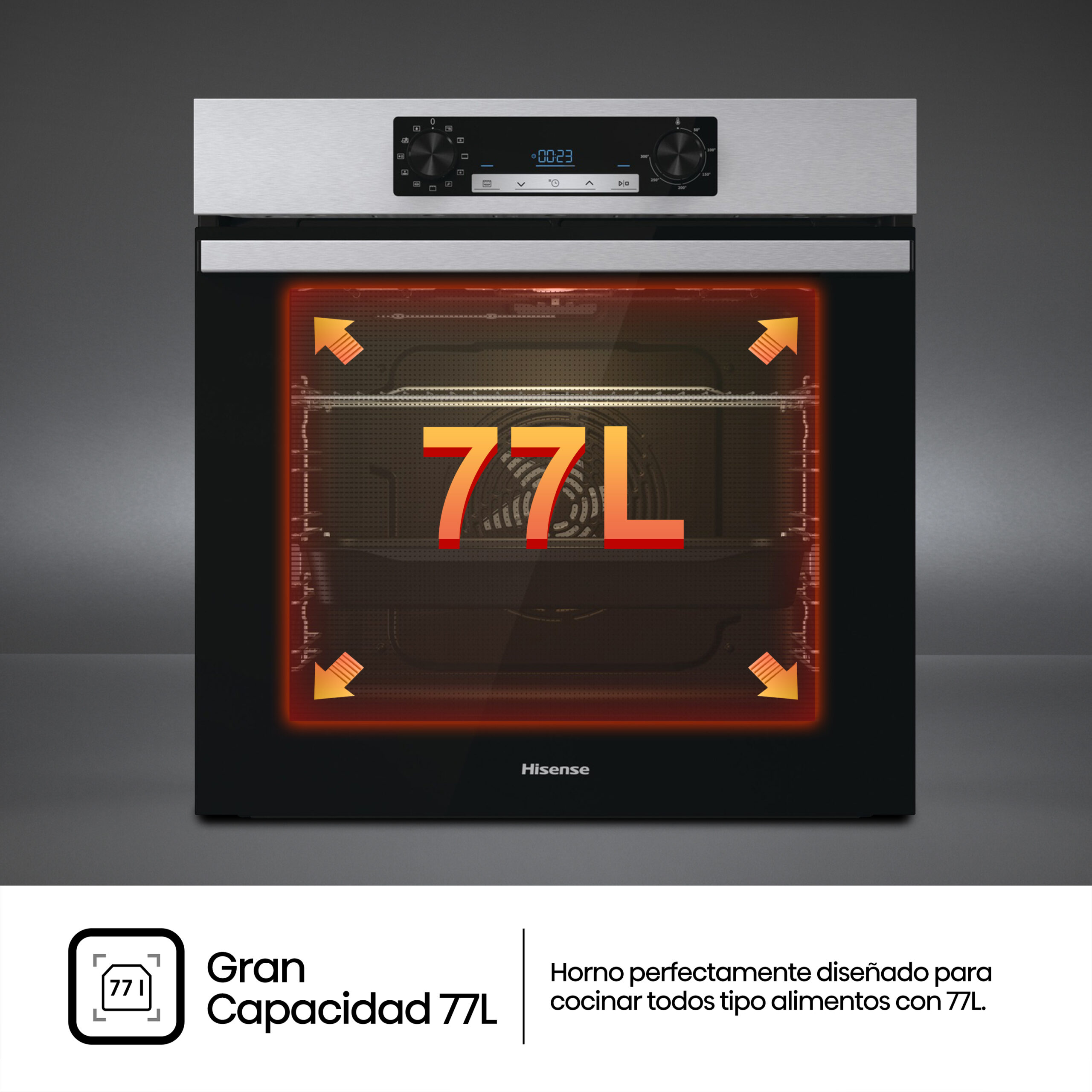 Hisense - BSA65226PX – Horno Pirolítico, Cocción Vapor Añadido, Clase A+, 77L, Inox