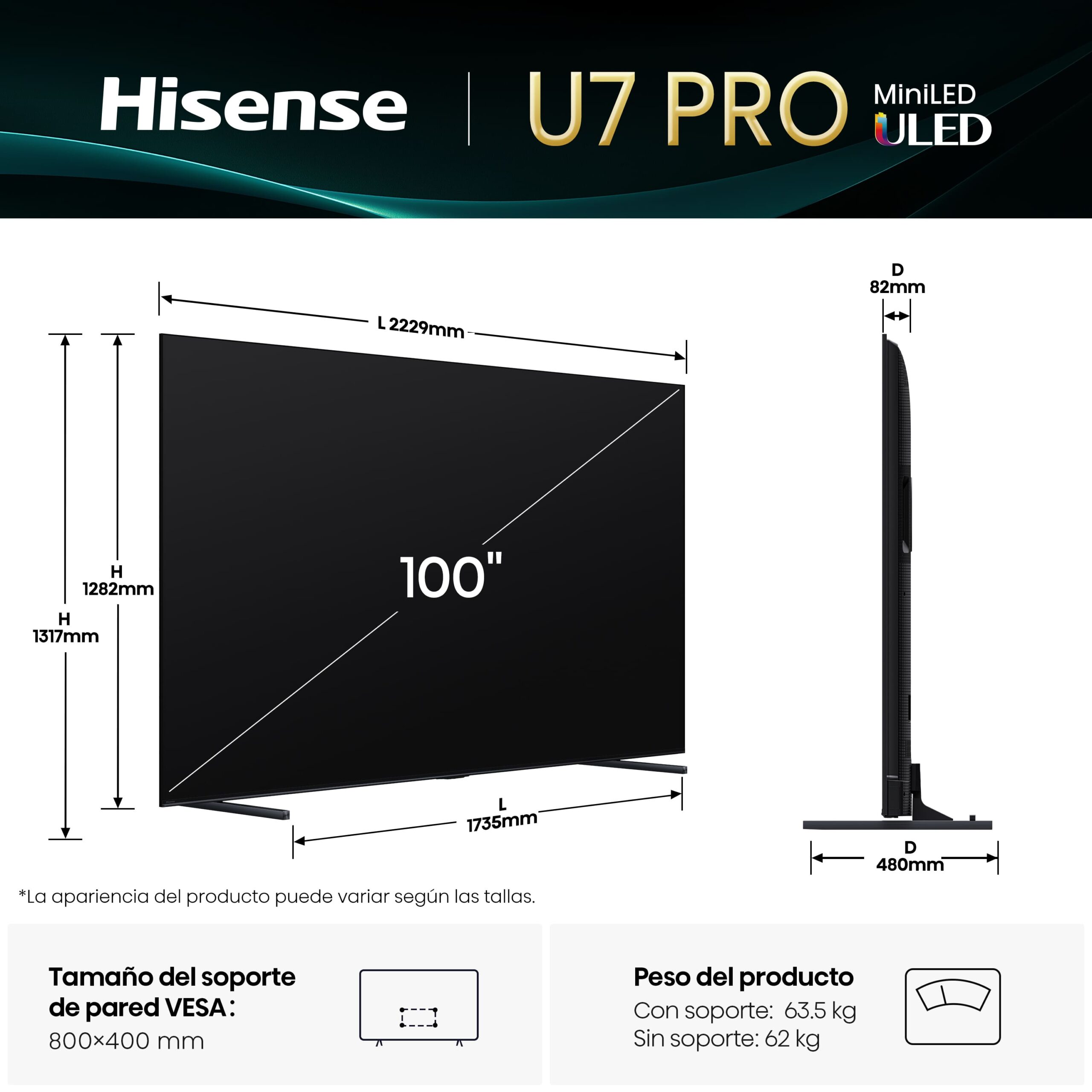 Hisense - Serie U7Q PRO Mini-LED Pro TV 100U7Q PRO con Quantum Dot Colour