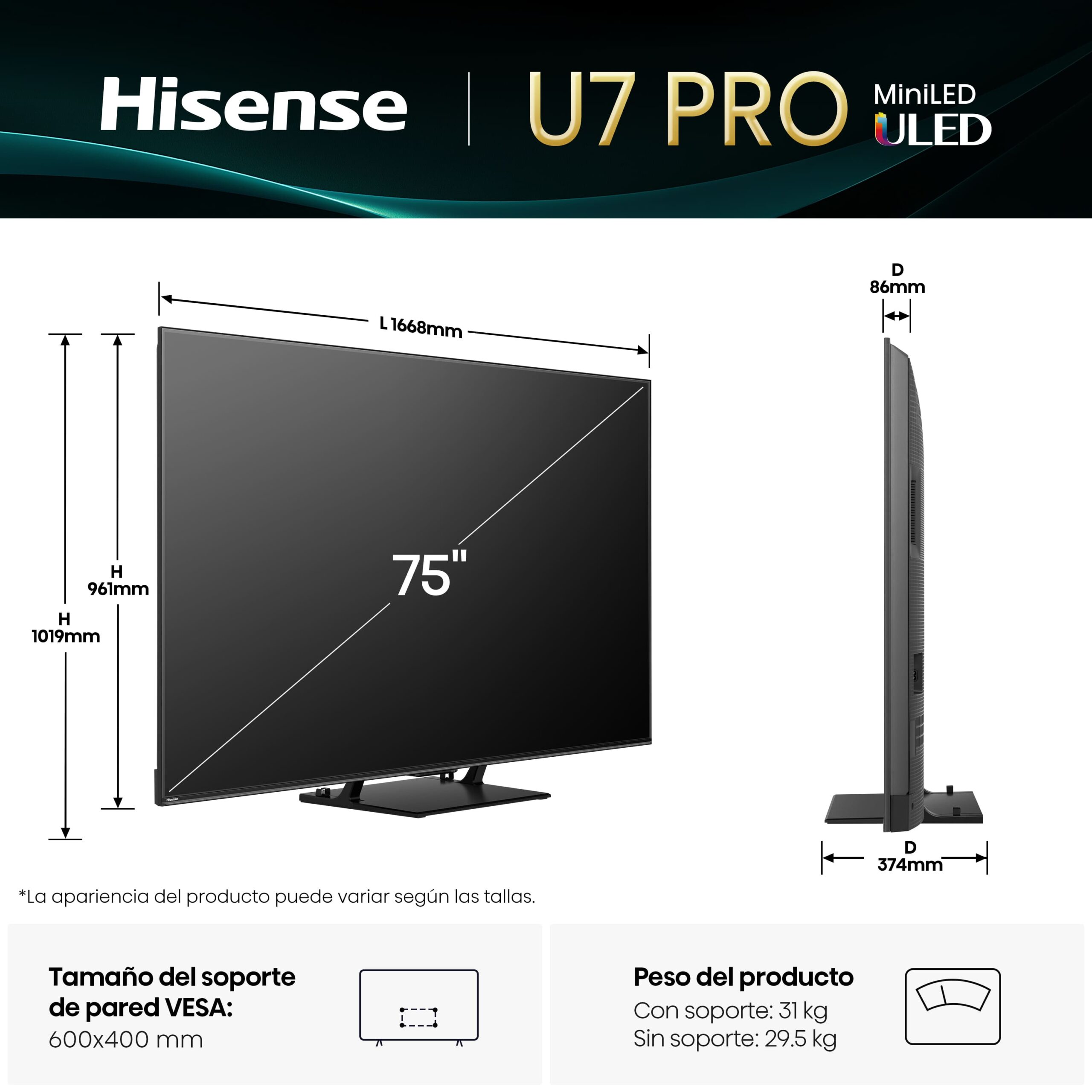 Hisense - Serie U7Q PRO Mini-LED Pro TV 75U7Q PRO con Quantum Dot Colour