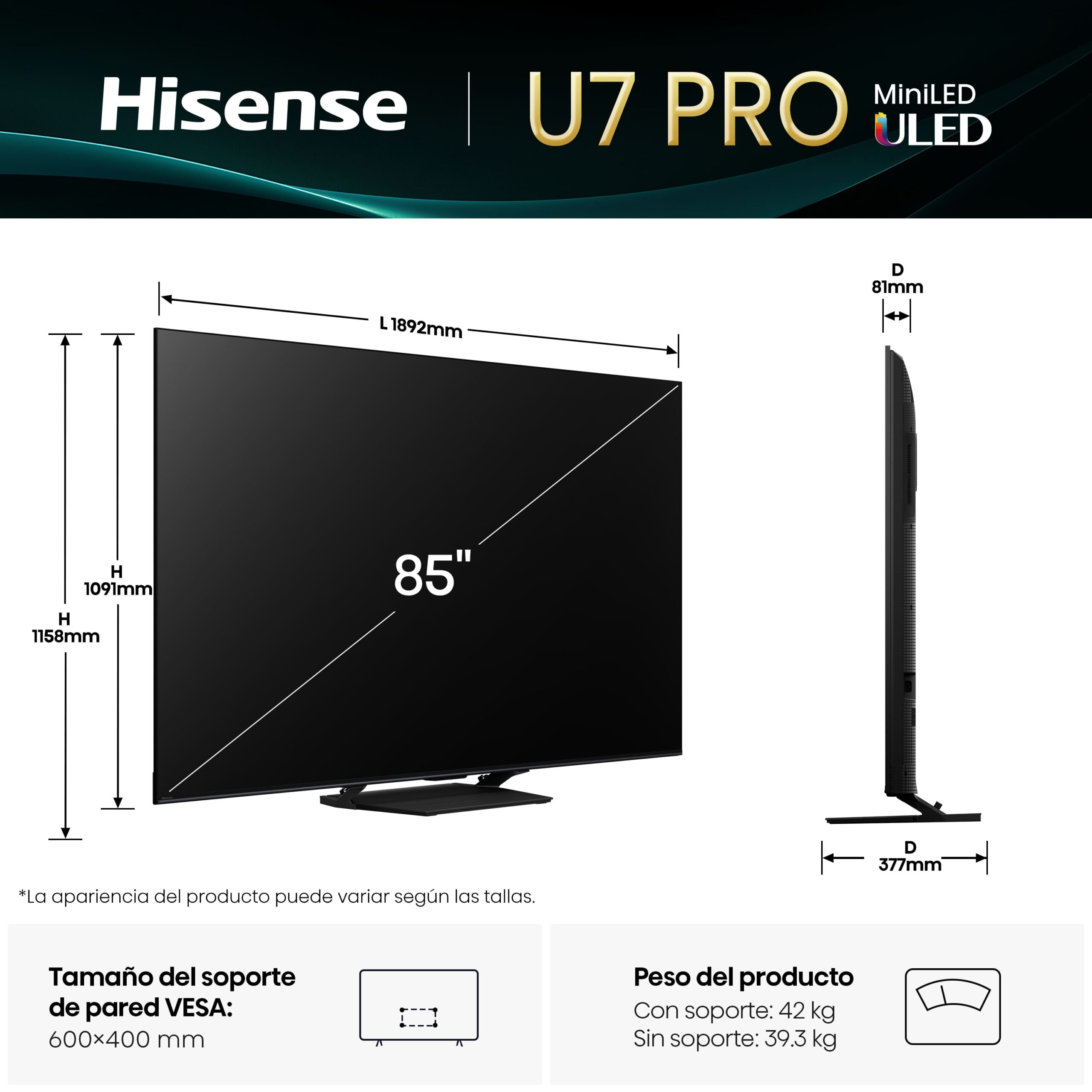 Hisense - Serie U7Q PRO Mini-LED Pro TV 85U7Q PRO con Quantum Dot Colour