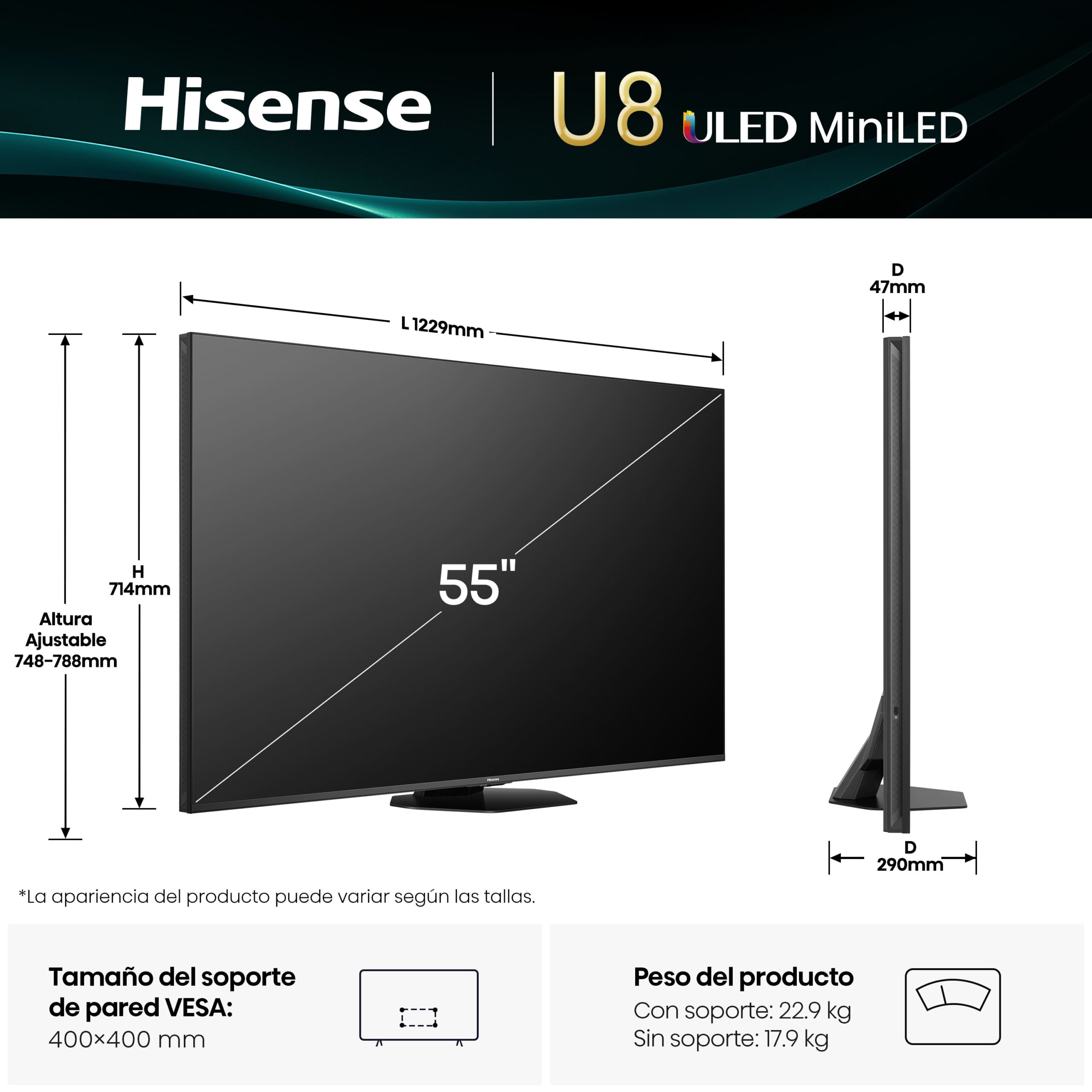 Hisense - Serie U8Q Mini-LED TV 55U8Q, 55 pulgadas con Quantum Dot Colour
