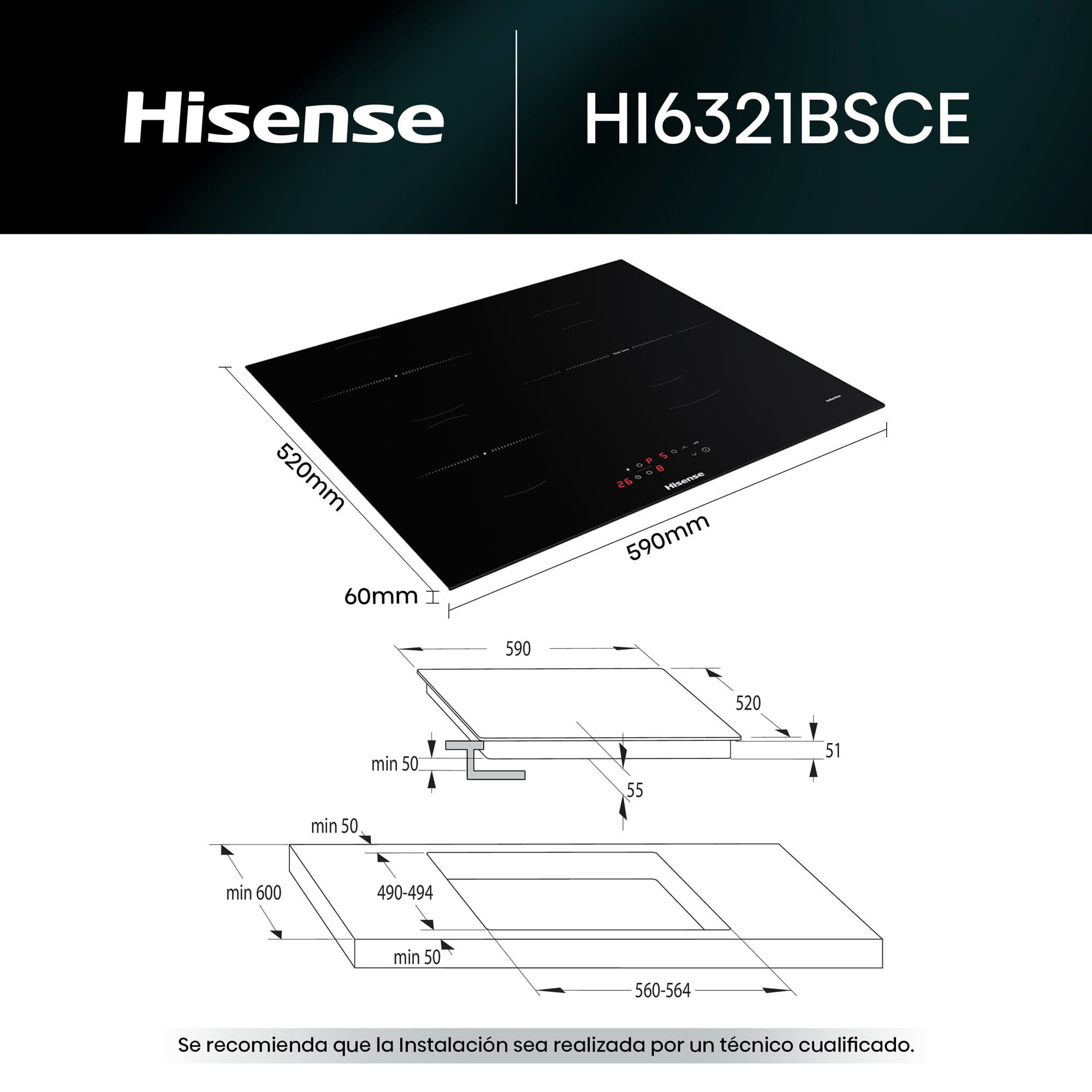 Hisense - HI6321BSCE – Placa, Inducción, 3 Zonas, Negro