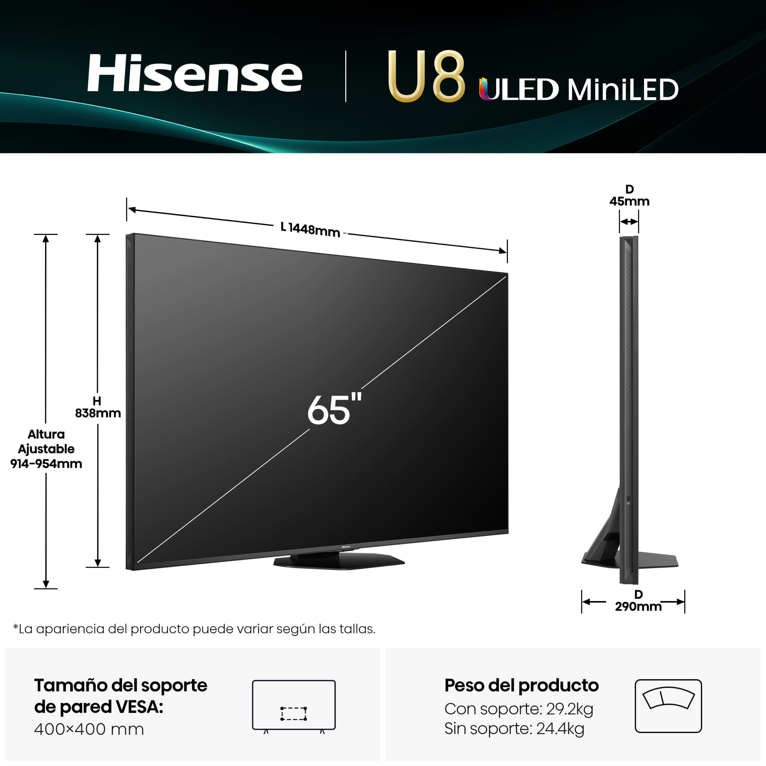 Hisense - Serie U8Q Mini-LED TV 65U8Q, 65 pulgadas con Quantum Dot Colour