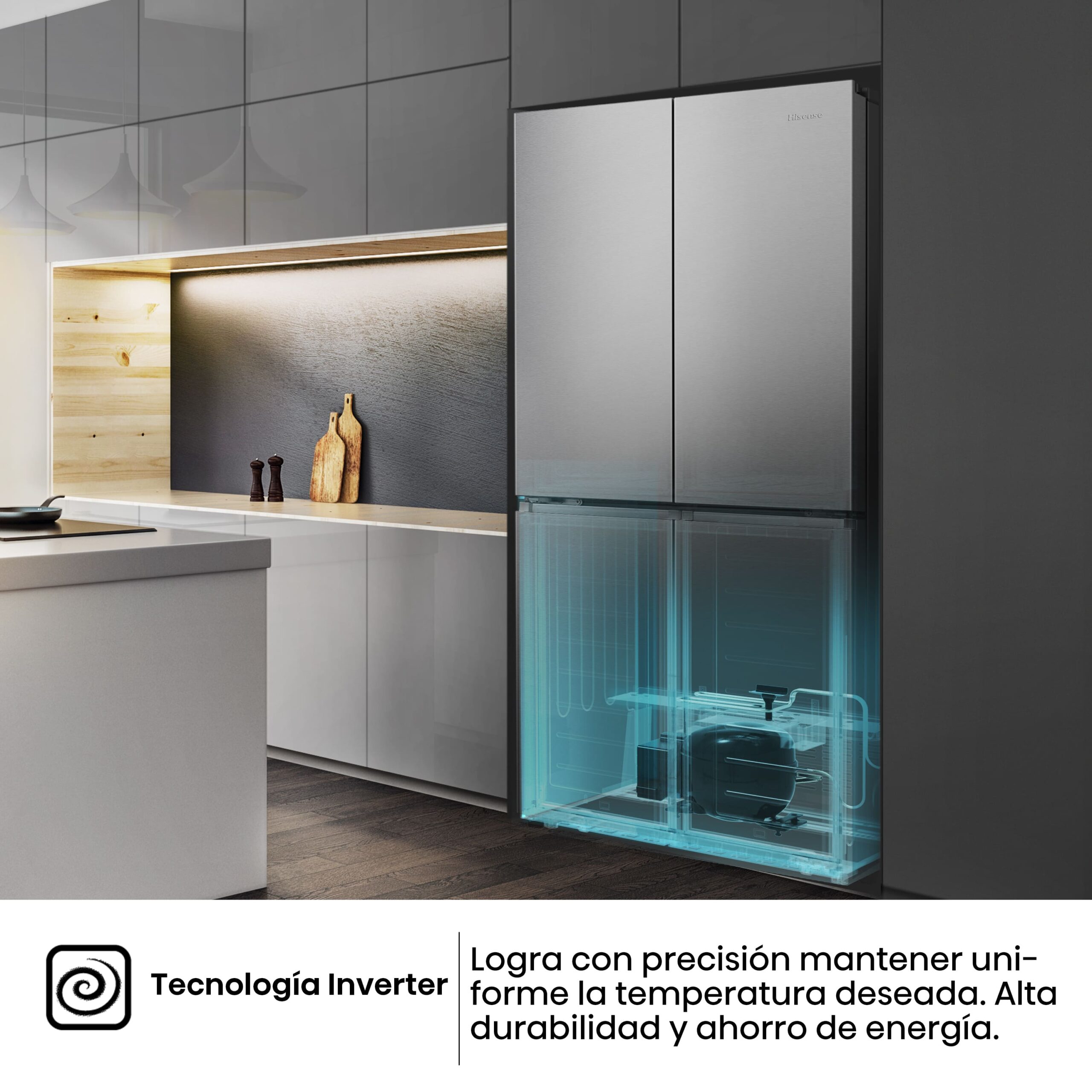 Hisense - RQ5P470SAID – Frigorífico Americano 4 Puertas, Clase D , 483L, Inox