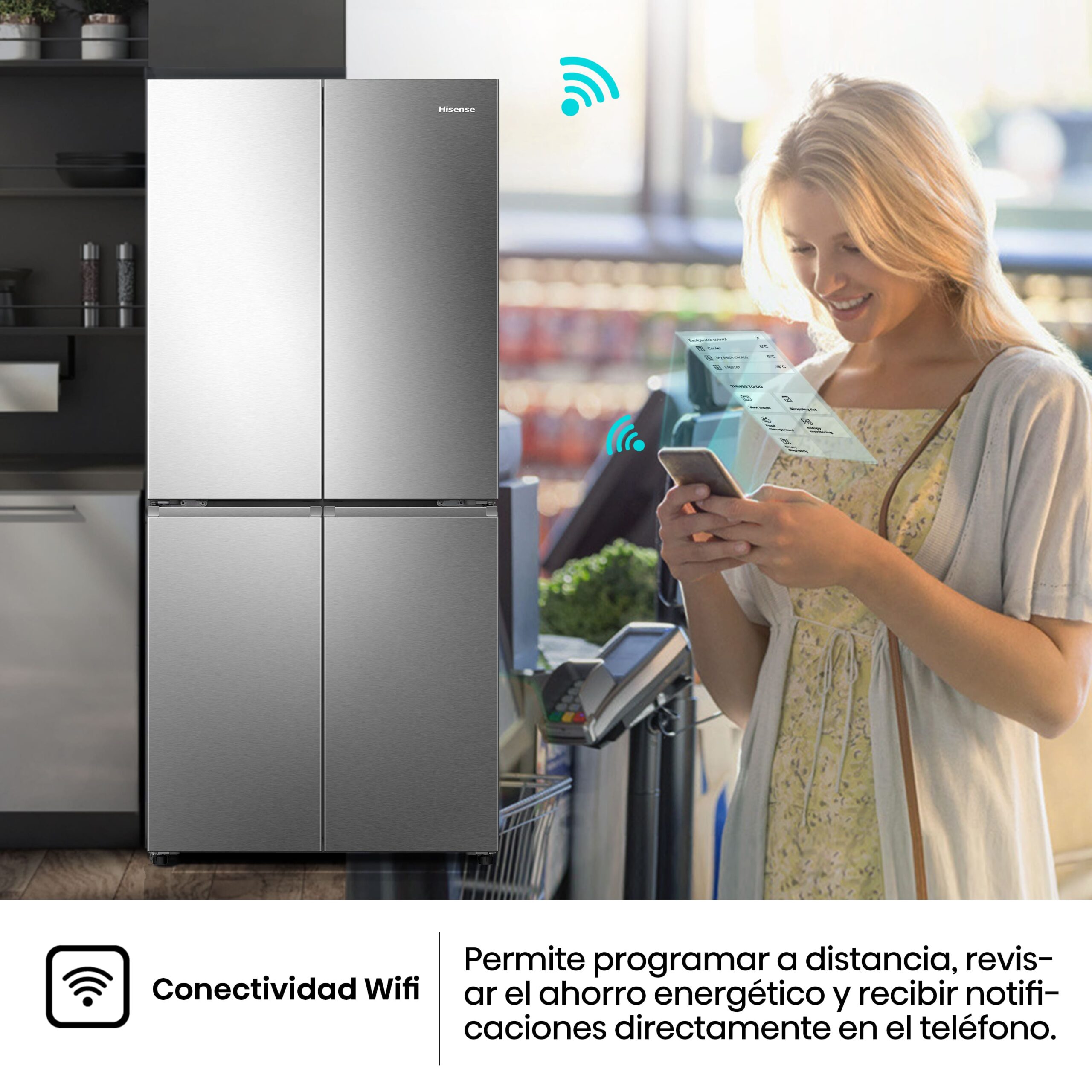 Hisense - RQ5P470SAID – Frigorífico Americano 4 Puertas, Clase D , 483L, Inox