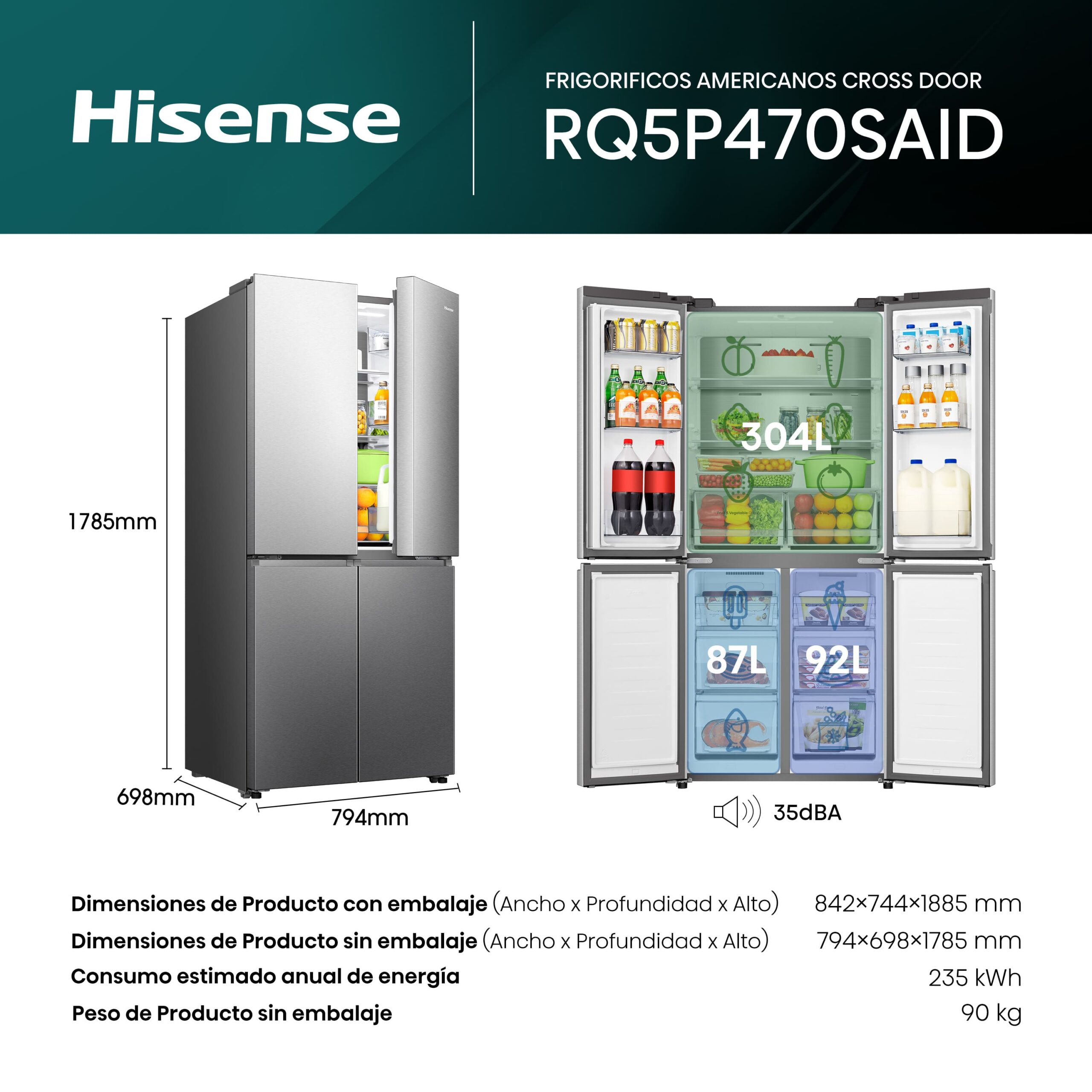Hisense - RQ5P470SAID – Frigorífico Americano 4 Puertas, Clase D , 483L, Inox