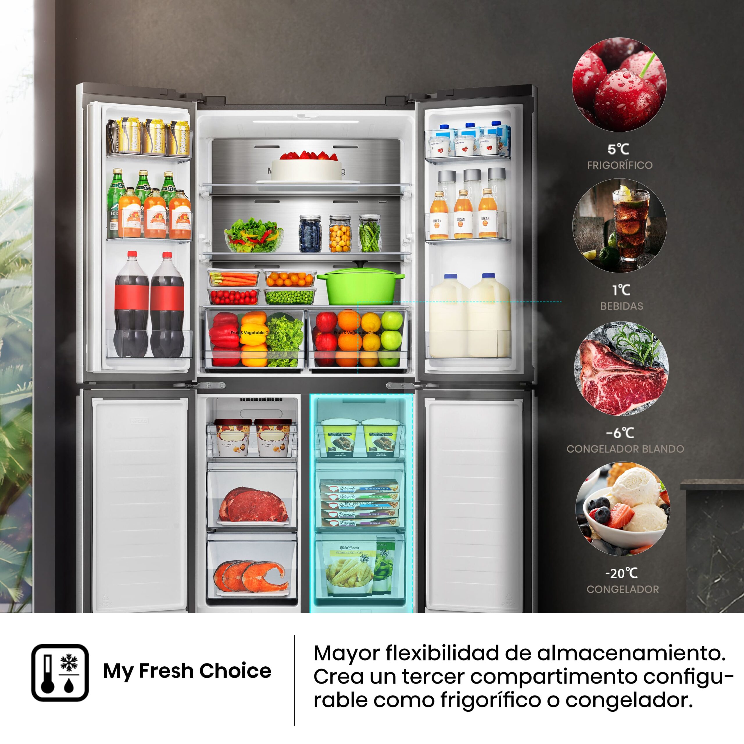 Hisense - RQ5P470SAID – Frigorífico Americano 4 Puertas, Clase D , 483L, Inox