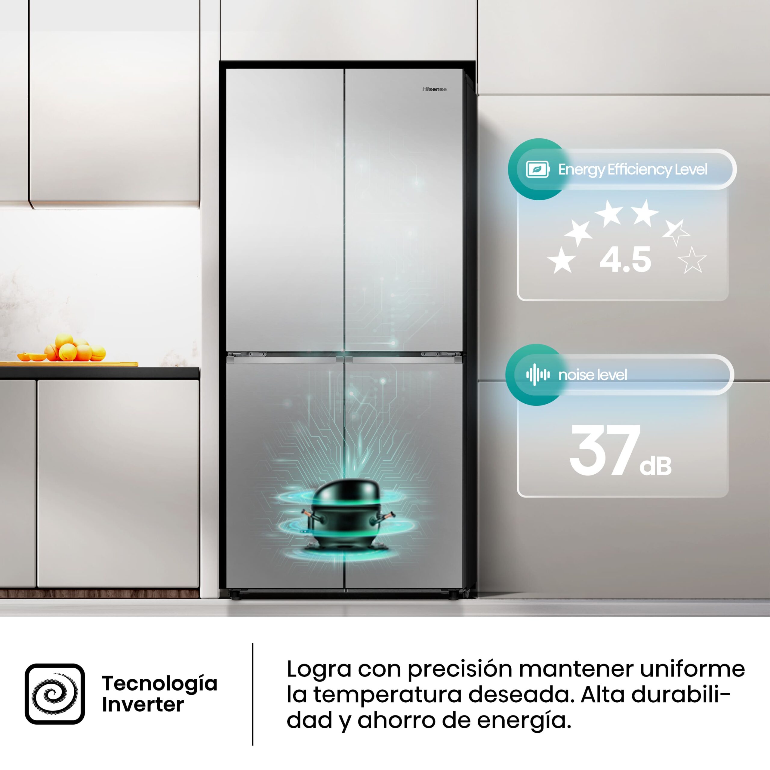 Hisense - RQ5P470SEIE – Frigorífico Americano 4 Puertas, Clase E , 483L, Inox